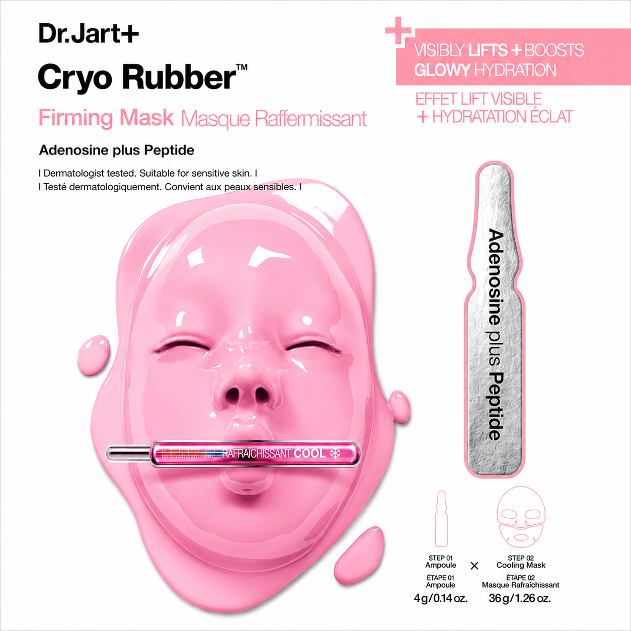 Dr.Jart+ Cryo Rubber Firming Mask with Adenosine Plus Peptide sheet mask, displayed in its original white and pink sachet on a pure white background, highlighting the innovative cooling rubber mask technology designed to visibly firm, hydrate and revitalize the skin for a smoother, more lifted appearance.