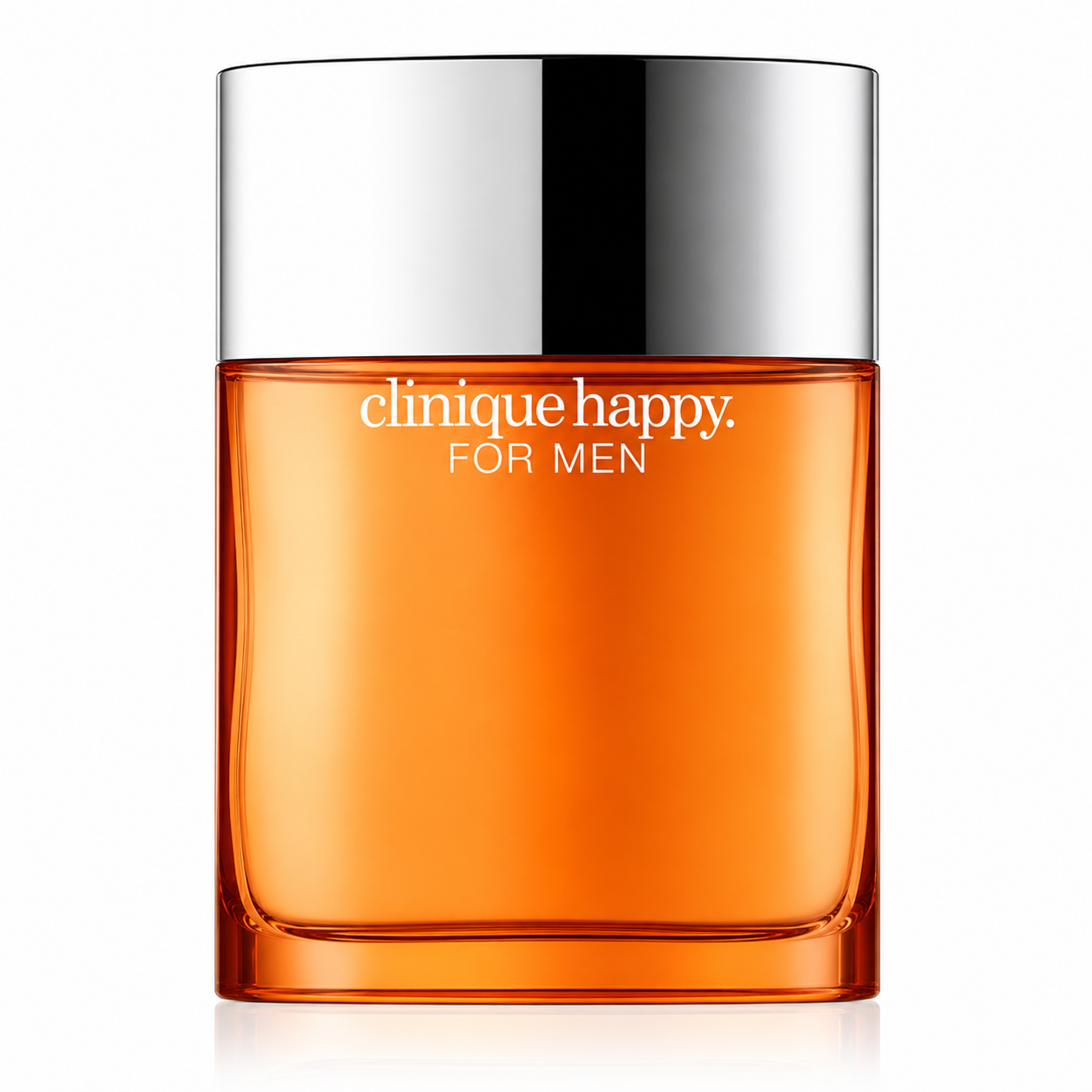 Clinique Happy For Men fragrance bottle with amber-orange liquid and a reflective silver cap, centered on a white background.