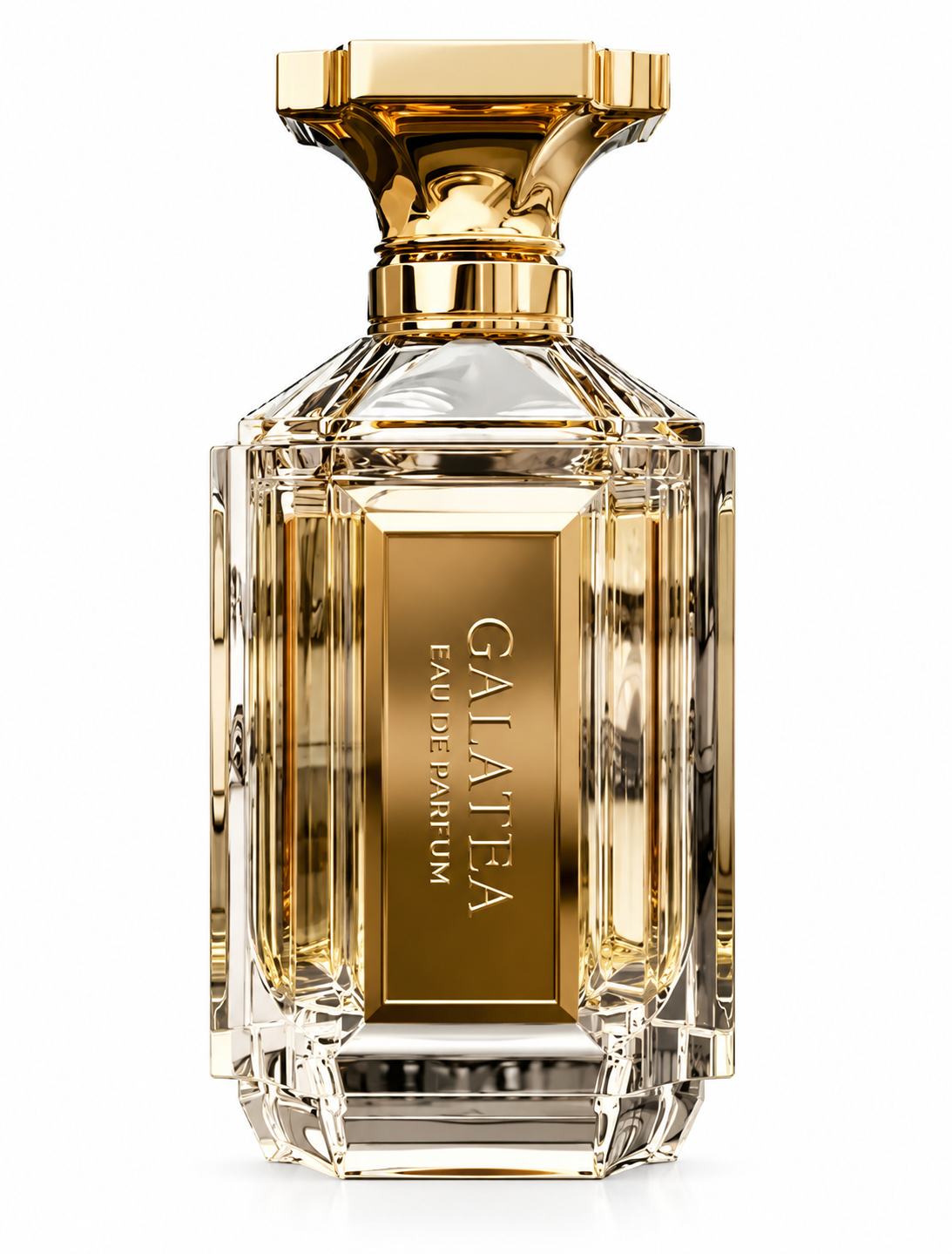 Galatea Eau de Parfum in an elegant clear faceted glass bottle with warm golden details, sculptural gold cap and vertical Galatea front plaque, photographed on a clean white background.