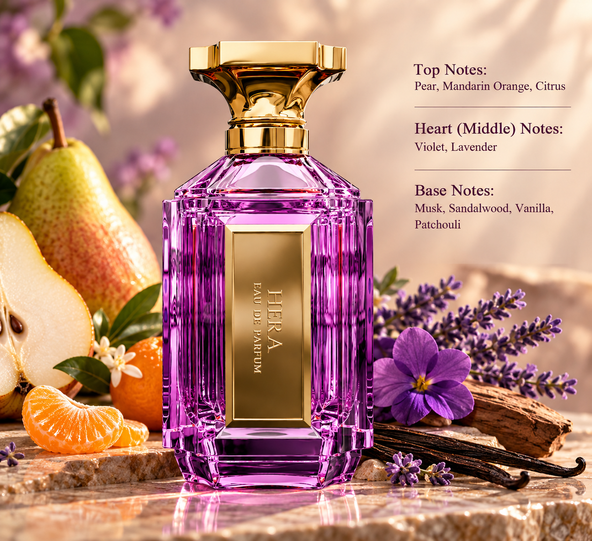 Hera Eau de Parfum presented in an elegant fruity floral composition inspired by pear, mandarin orange, violet and lavender, enriched with warm sandalwood, vanilla, musk and patchouli.