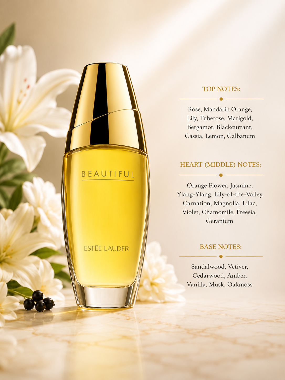 Estée Lauder Beautiful Eau de Parfum with fragrance notes, displayed beside white flowers, citrus, blackcurrant, sandalwood and vanilla, highlighting its rich floral composition.