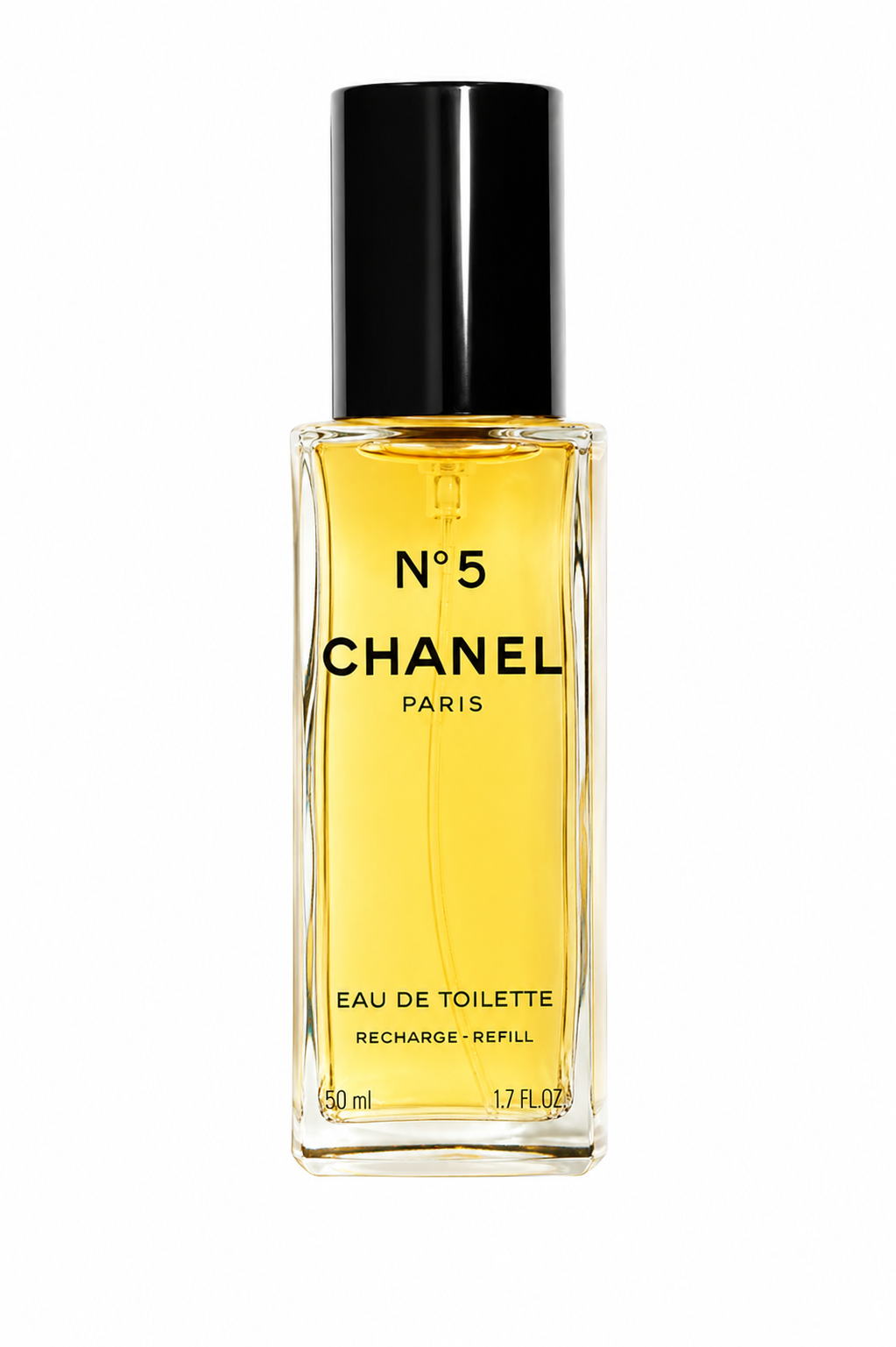 Chanel No. 5 Eau de Toilette recharge/refill bottle with a black cap and yellow-amber liquid, shown on a plain white background.