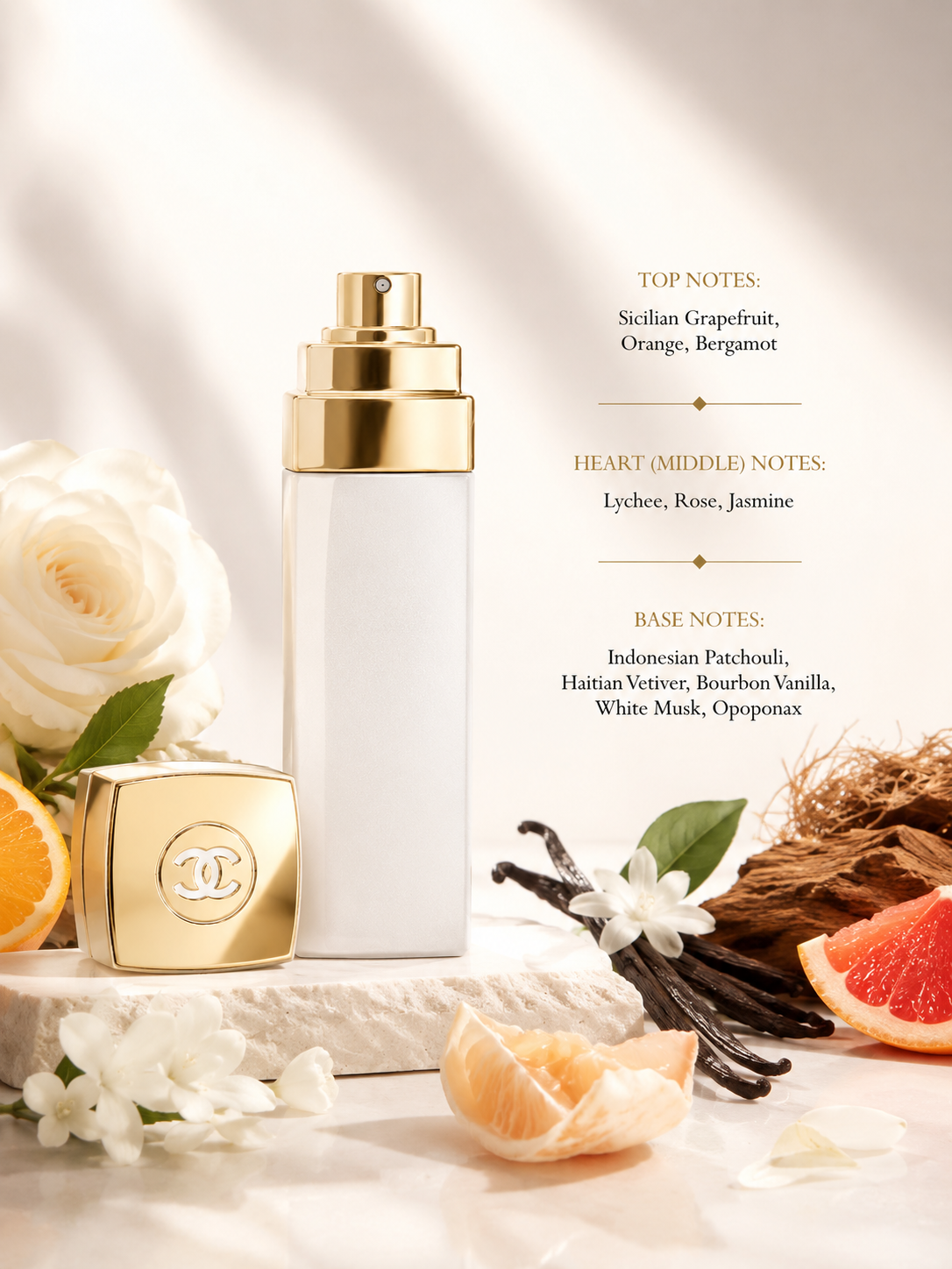 A luxury perfume bottle with a gold pump and a matching gold square box with a Chanel-style interlocking logo, styled with white roses, citrus slices, vanilla beans, and dried botanicals on a soft cream background. Text on the right lists fragrance notes.