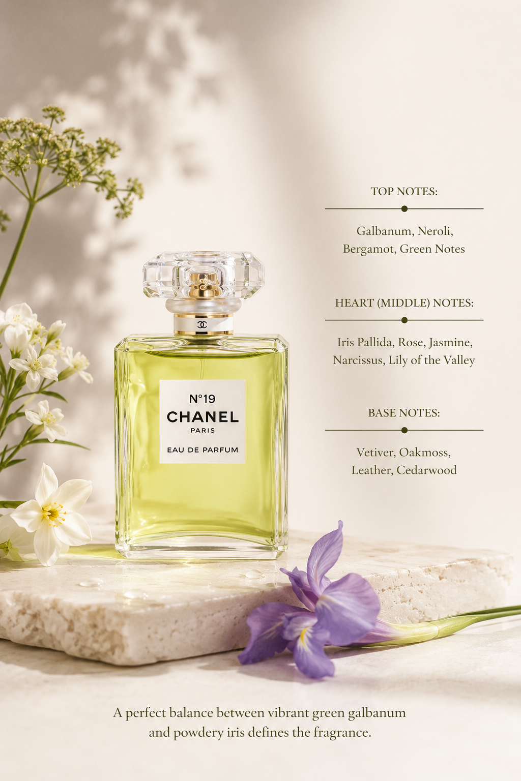 Chanel N°19 Eau de Parfum displayed with its sophisticated green-floral composition:
Top: Galbanum, Neroli, Bergamot, Green Notes
Heart: Iris Pallida, Rose, Jasmine, Narcissus, Lily-of-the-Valley
Base: Vetiver, Oakmoss, Leather, Cedarwood
A distinctive and elegant fragrance that opens with vibrant green galbanum and fresh citrus notes.