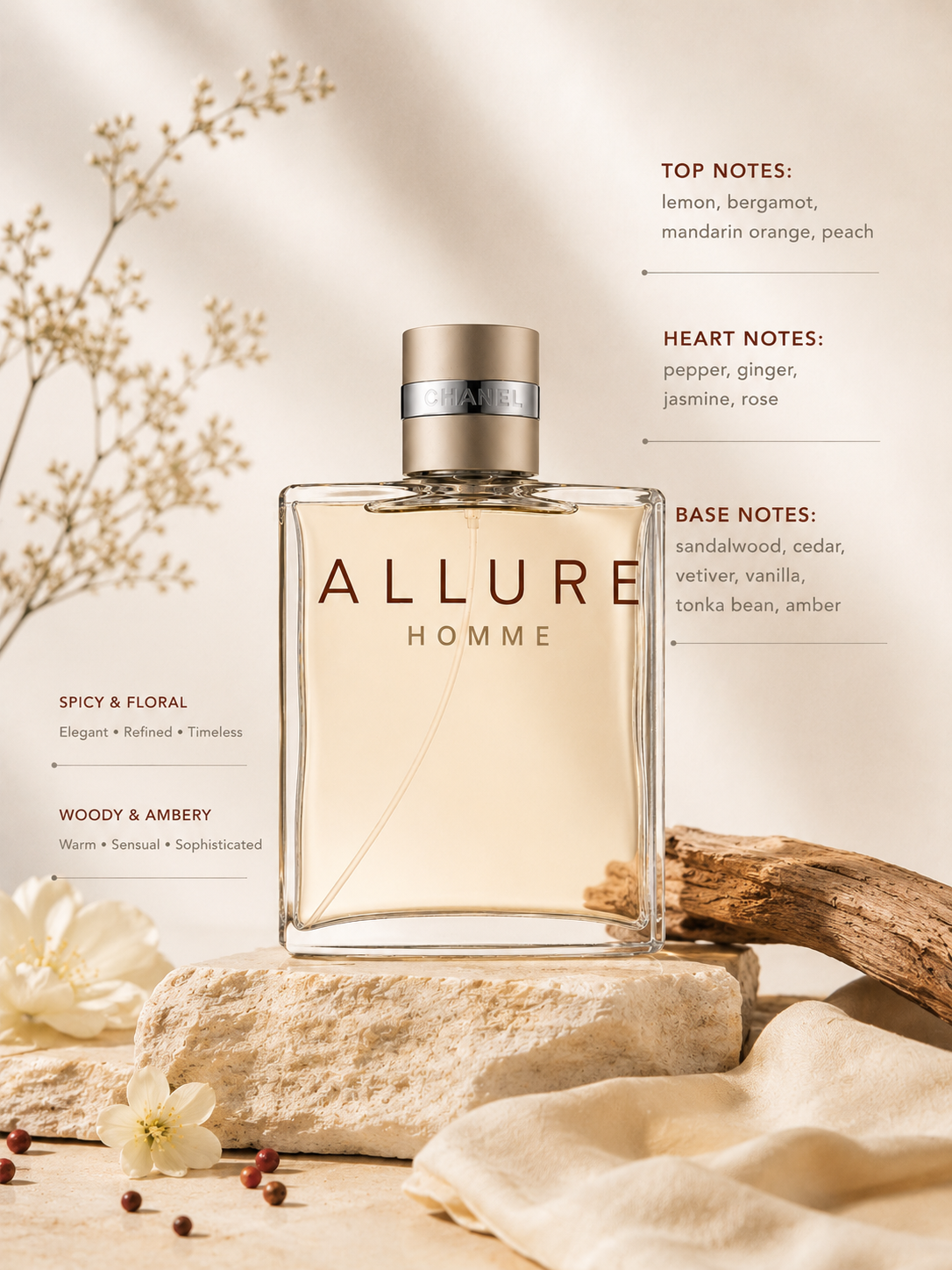 Chanel Allure Homme fragrance displayed with driftwood, white flowers, pink pepper, soft fabrics, and fragrance notes in an elegant warm-toned setting.