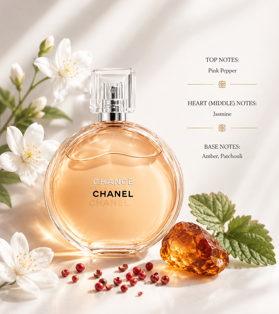 CHANEL Chance Eau de Parfum displayed among delicate white jasmine blossoms, pink peppercorns, green patchouli leaves, and glowing amber resin, reflecting the fragrance's refined floral and warm woody composition. Opening with vibrant pink pepper, evolving into a graceful jasmine heart, and settling into rich amber and patchouli, this luminous fragrance offers an elegant, modern, and long-lasting scent experience.