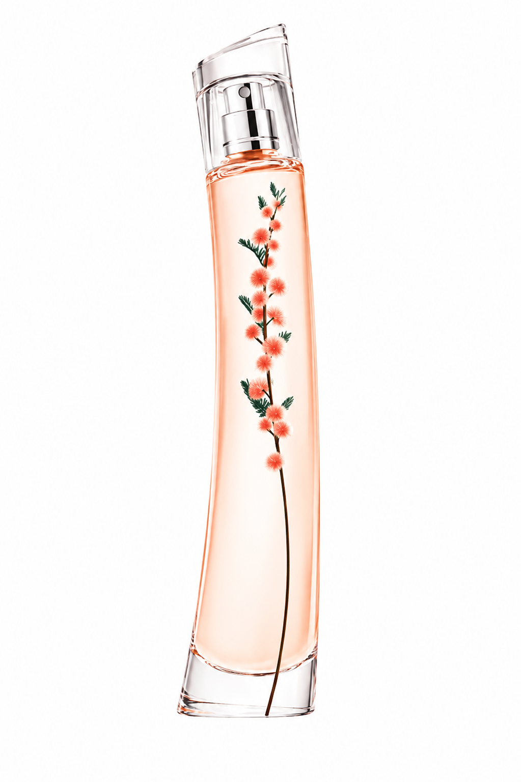 Kenzo Flower by Kenzo Mimosa Eau de Parfum bottle isolated on a white background, featuring a tall curved transparent bottle with soft peach-pink fragrance and a delicate mimosa branch illustrated inside.