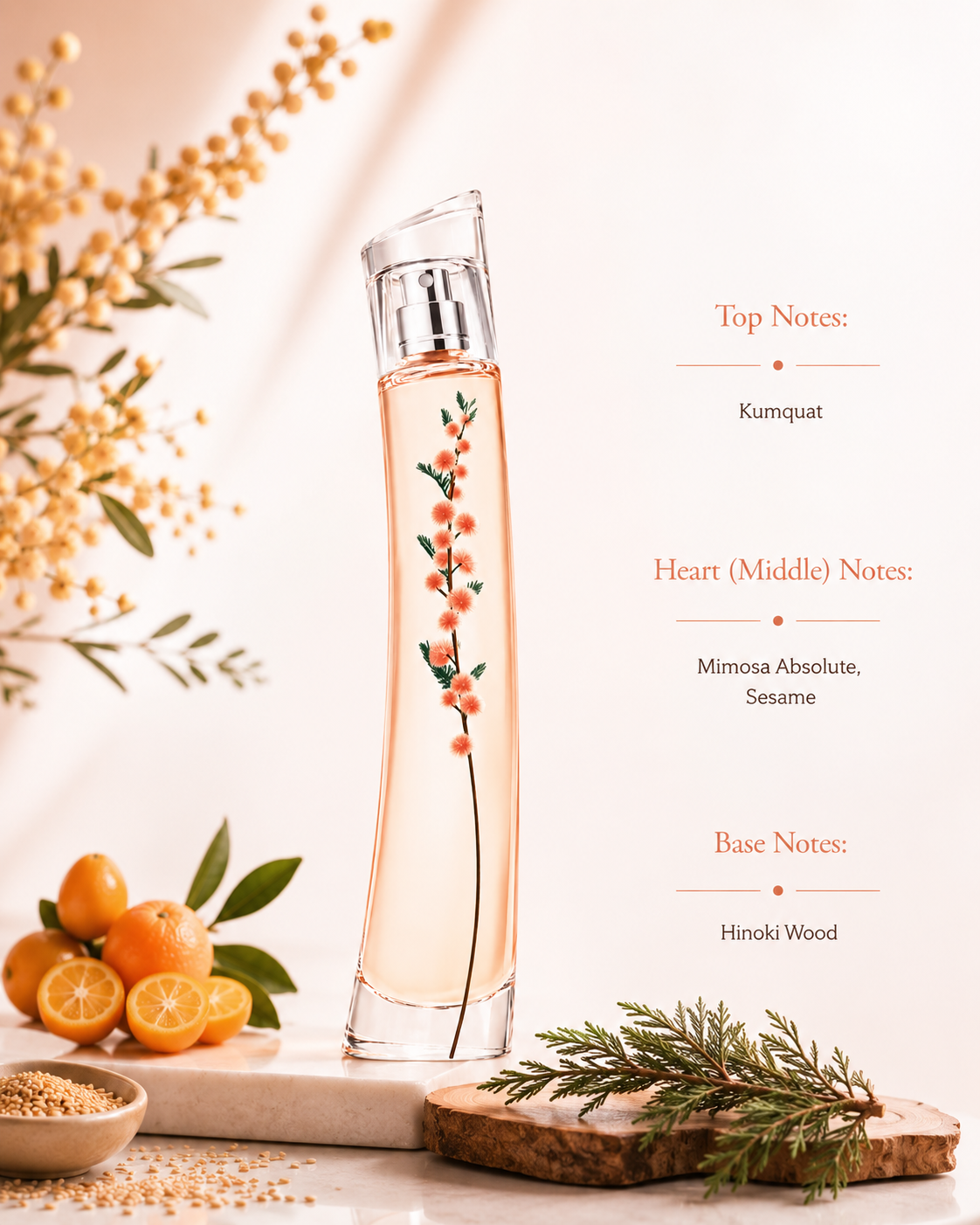 Kenzo Flower by Kenzo Mimosa Eau de Parfum displayed with its fragrance notes, surrounded by mimosa blossoms, kumquats, sesame seeds, and hinoki wood, highlighting its floral woody fragrance with kumquat, mimosa absolute, sesame, and hinoki wood accords.