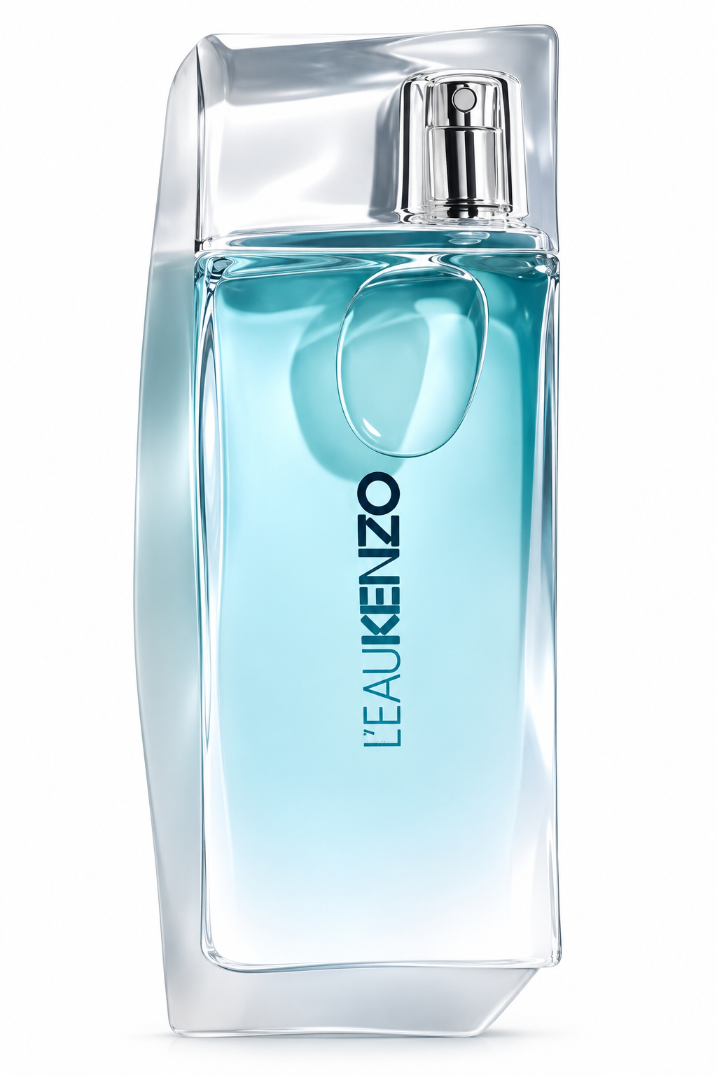 Kenzo L'Eau Kenzo perfume in a sleek, transparent glass bottle with a refreshing aqua-blue gradient, sculptural curved design, integrated silver spray nozzle and vertical Kenzo branding. A fresh, elegant fragrance presented against a pure white background.