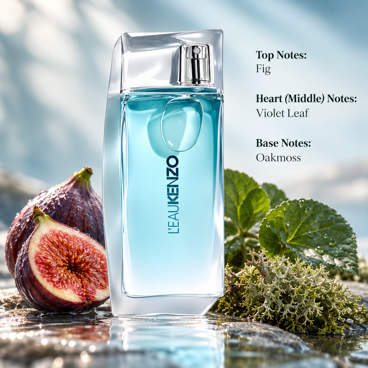 Kenzo L'Eau Kenzo perfume in a transparent aqua-blue glass bottle, surrounded by fresh figs, green violet leaves and natural oakmoss on a reflective stone surface. A refreshing green aquatic fragrance with fruity fig, delicate violet leaf and earthy oakmoss notes, presented in a serene, nature-inspired setting.