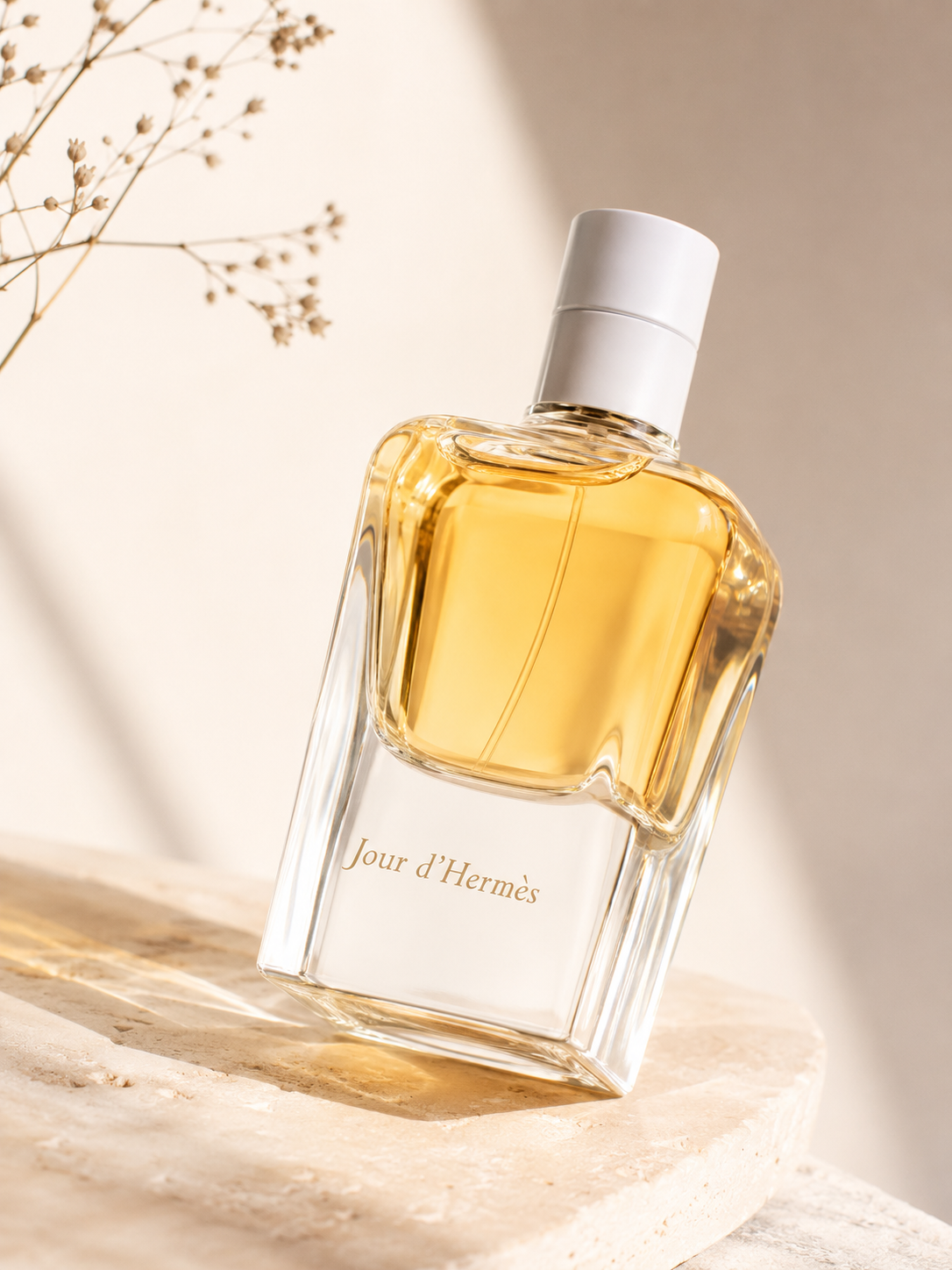 Hermès Jour d’Hermès presented in a warm, sunlit setting that highlights its luminous golden hue and elegant architectural bottle design. The minimalist white cap and crystal-clear glass reflect the fragrance’s refined floral character, evoking freshness, femininity, and effortless French elegance.