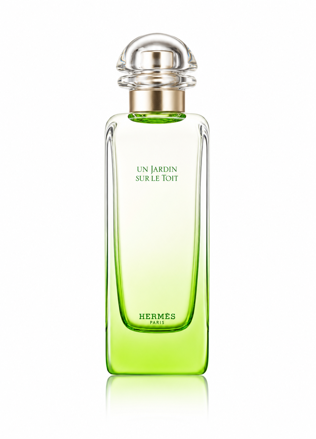 Hermès Un Jardin Sur Le Toit Eau de Toilette perfume bottle isolated on a white background, featuring a tall clear glass bottle with a fresh green gradient base, rounded transparent cap, and elegant minimalist Hermès design.