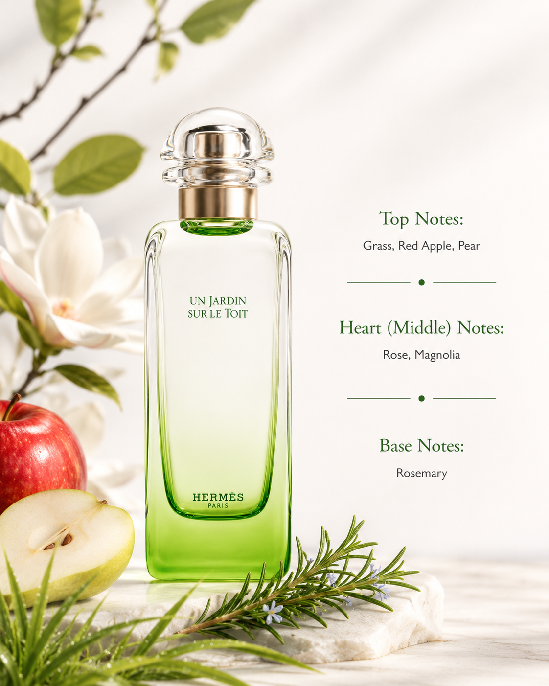Hermès Un Jardin Sur Le Toit Eau de Toilette displayed with its fragrance notes, surrounded by fresh grass, red apple, pear, magnolia blossoms, rosemary sprigs, and soft floral accents, highlighting its fresh fruity floral fragrance composition.