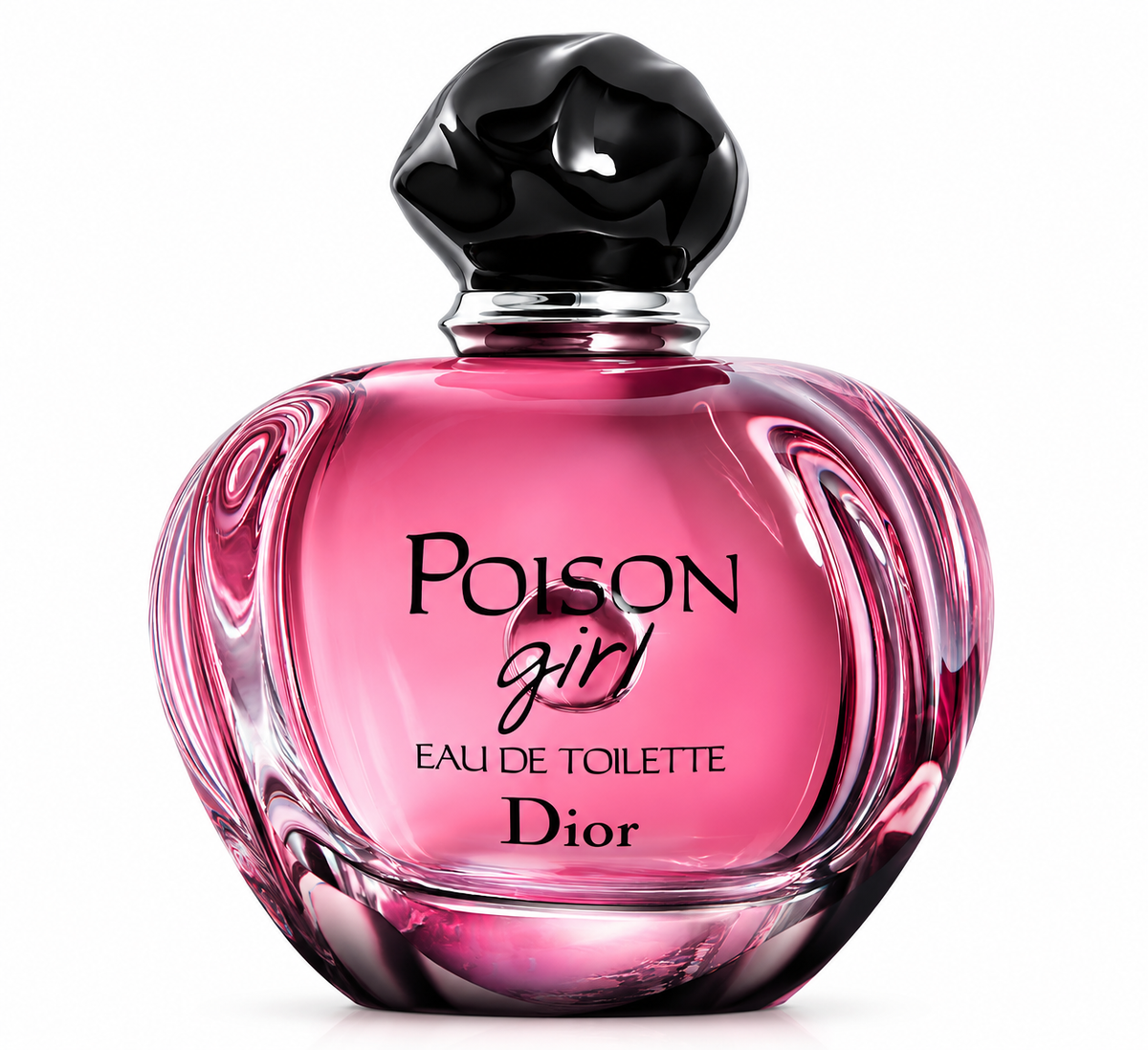 Dior Poison Girl Eau de Toilette for women, featuring a striking rounded pink glass perfume bottle with sculpted transparent edges, elegant black Poison Girl and Dior lettering, a silver-toned neck and a glossy black faceted cap, photographed against a clean white background.