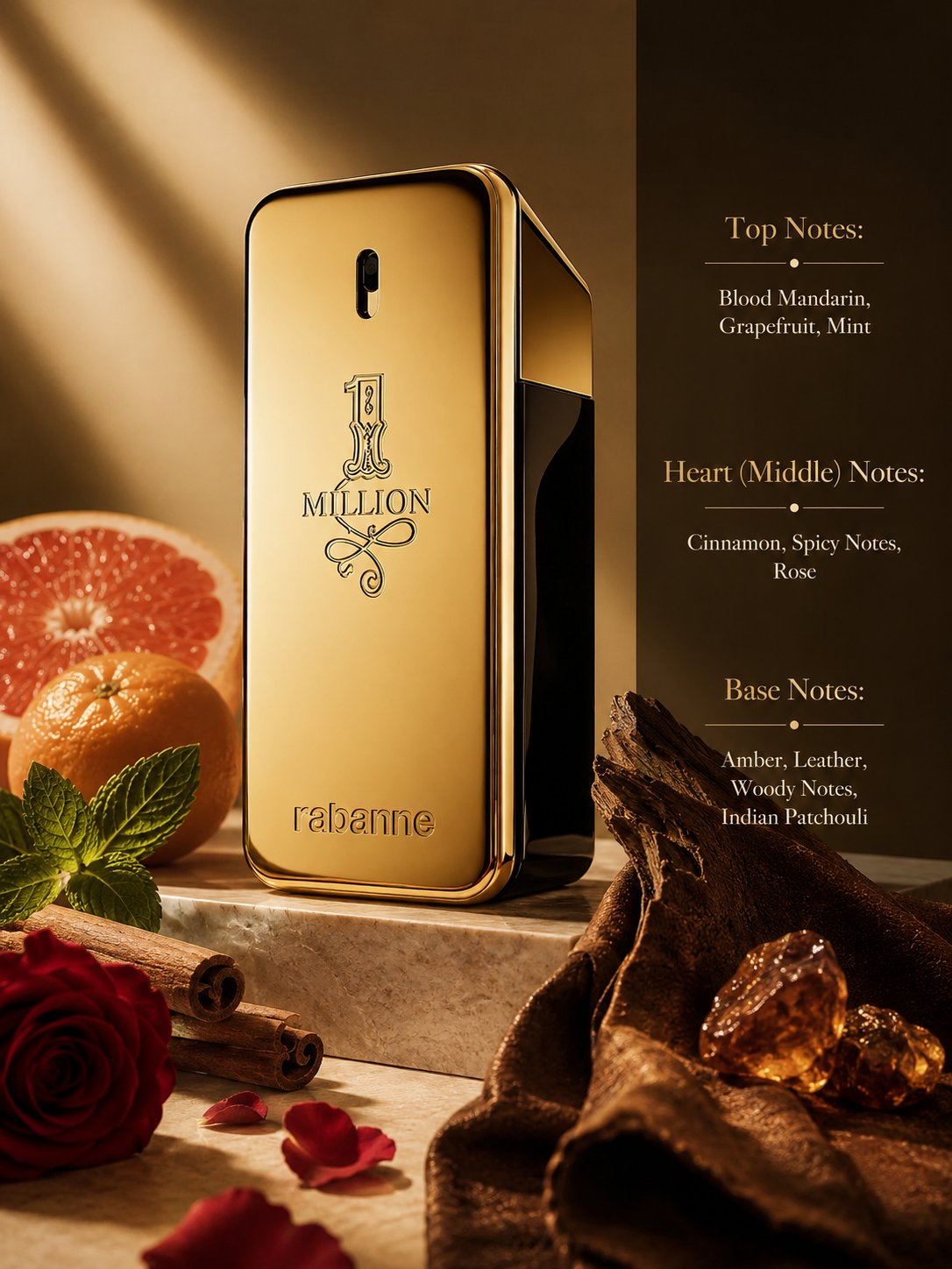 Rabanne 1 Million Eau de Toilette displayed with fragrance notes, surrounded by blood mandarin, grapefruit, mint, cinnamon sticks, rose, leather, amber, patchouli, and woody elements, highlighting its fresh, spicy, warm, and woody fragrance profile.