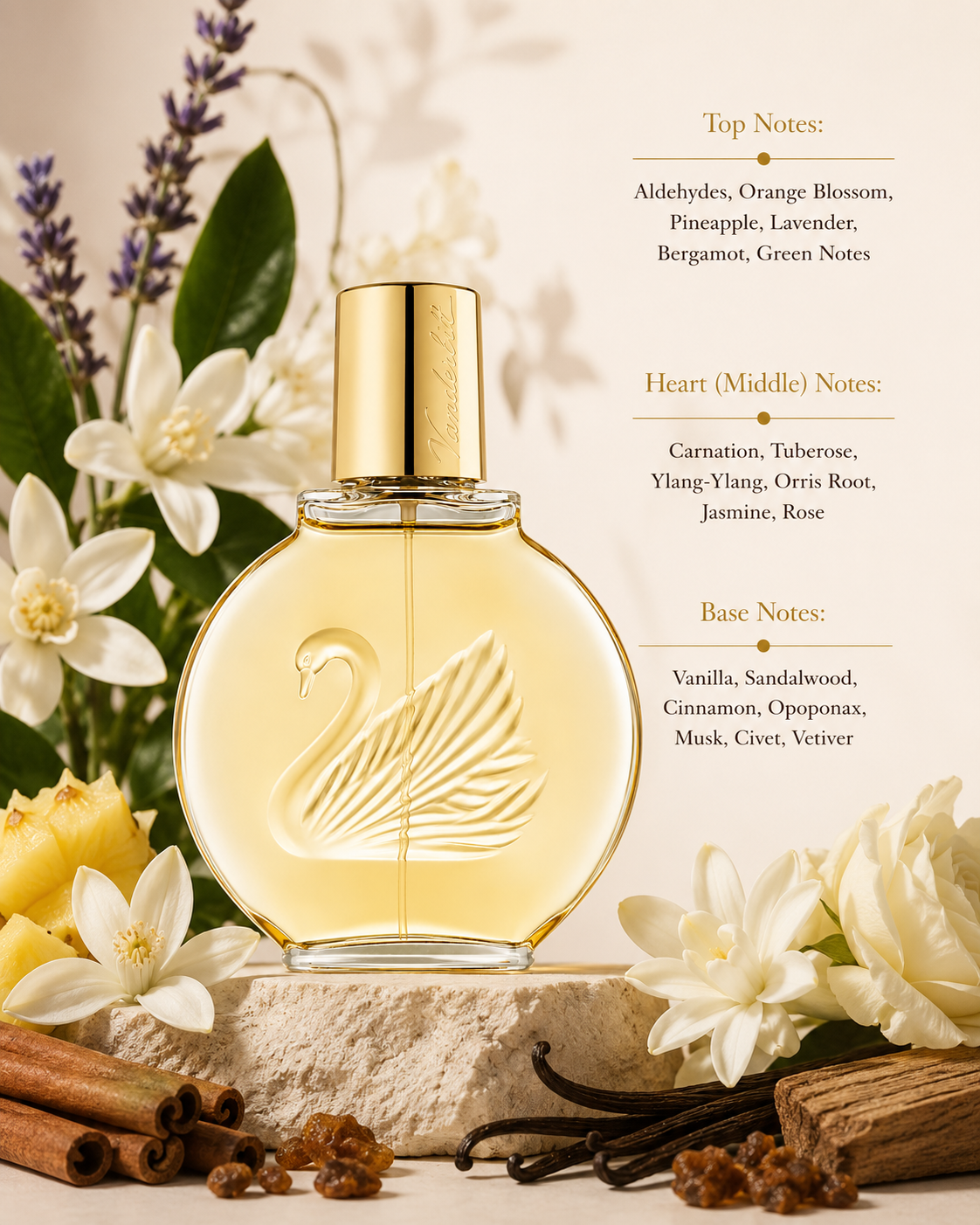 Yardley English Lavender Eau de Toilette displayed with fragrance notes, surrounded by lavender, orange blossom, pineapple, jasmine, vanilla pods, cinnamon sticks, sandalwood, and white flowers, highlighting its elegant floral fragrance with fresh citrus and green notes, a rich floral heart, and a warm vanilla-woody base.