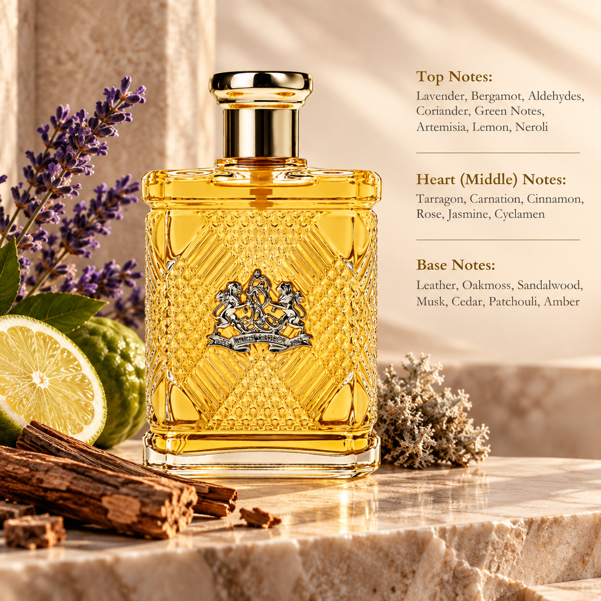 Ralph Lauren Safari 125ml Eau de Toilette for Men presented in a refined, warm composition inspired by its aromatic woody character, surrounded by lavender, fresh citrus, green foliage and rich woods, with soft golden lighting and elegant natural stone textures enhancing the classic masculine character of the fragrance.