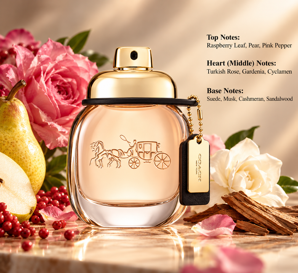 Coach Eau de Parfum for women, featuring an elegant peach-pink glass perfume bottle with a gold spray top and signature Coach charm, surrounded by pink roses, fresh pears, pink peppercorns and sandalwood. A sophisticated floral fruity fragrance with raspberry leaf, pear, pink pepper, Turkish rose, gardenia, musk, suede and warm woody notes, presented against a luxurious beige background.