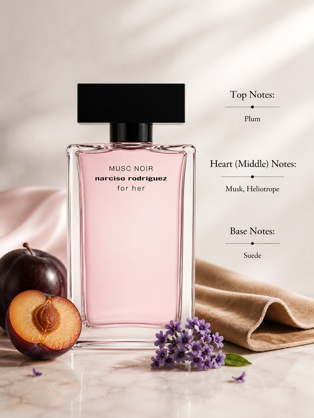 Narciso Rodriguez Musc Noir For Her Eau de Parfum displayed with fragrance notes, surrounded by ripe plum, delicate heliotrope flowers, and soft suede fabric, highlighting its fruity, musky, powdery, and sensual fragrance profile.
