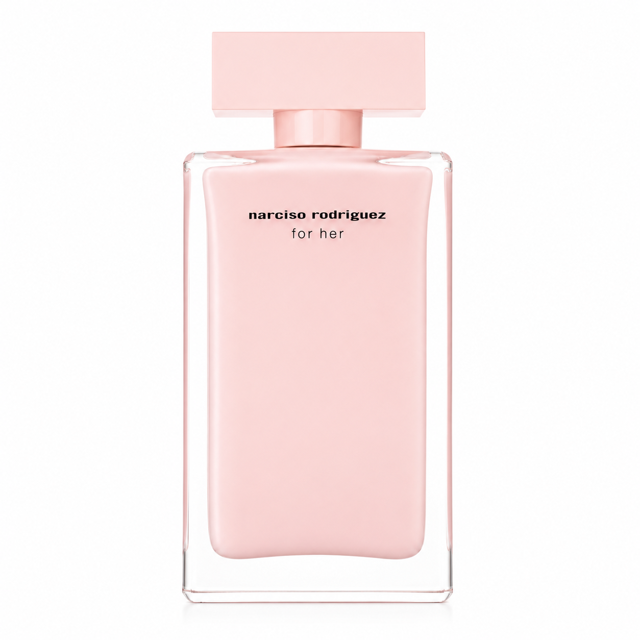 Narciso Rodriguez For Her Eau de Parfum bottle isolated on a white background, featuring a minimalist rectangular clear glass bottle with a soft blush-pink inner lacquered design, matching pastel pink cap, and black Narciso Rodriguez logo.