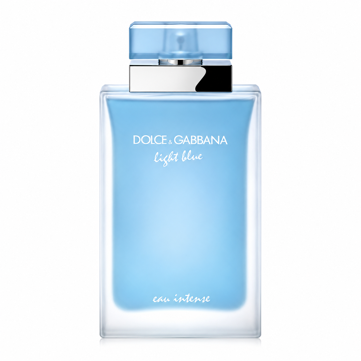 Dolce & Gabbana Light Blue Eau Intense Eau de Parfum bottle isolated on a clean white background, featuring a frosted light blue glass bottle with a transparent sky-blue cap and polished silver collar. The minimalist Mediterranean-inspired design reflects the fresh, vibrant and elegant character of this iconic women's citrus-floral fragrance.