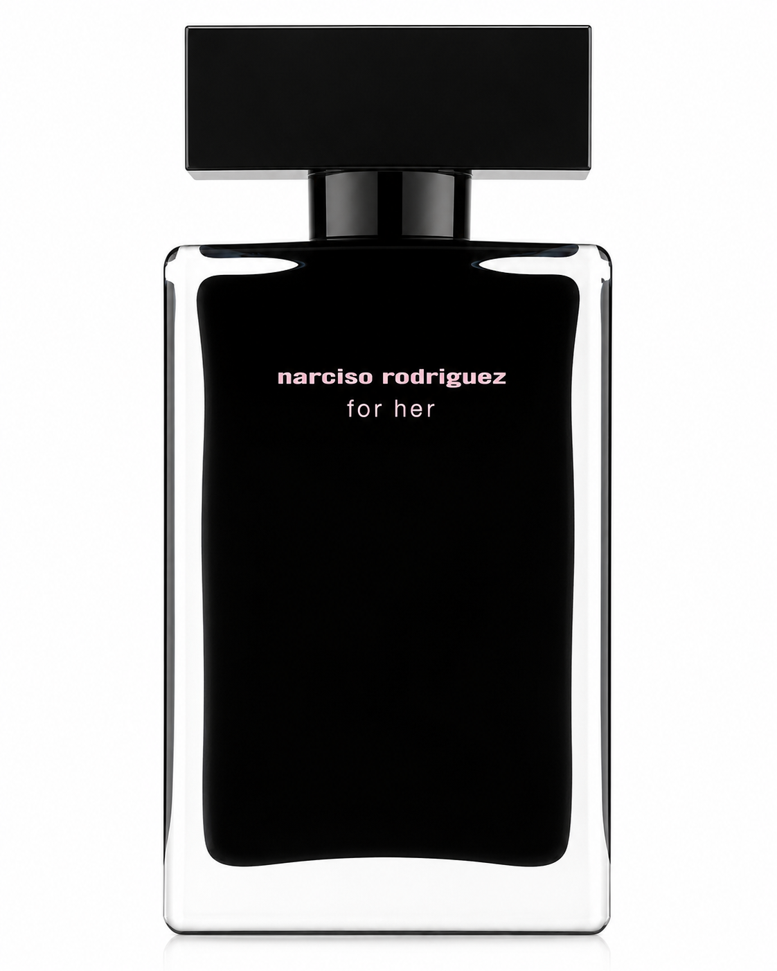 Narciso Rodriguez For Her Eau de Parfum Intense bottle isolated on a white background, featuring a sleek rectangular clear glass bottle with a glossy black inner lacquered design, a minimalist black rectangular cap, and the signature soft pink Narciso Rodriguez logo.
