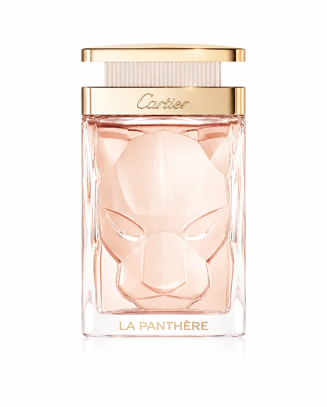 Cartier La Panthère Eau de Parfum bottle featuring a faceted transparent glass design with an elegant sculpted panther face, soft blush-pink fragrance and gold accents.