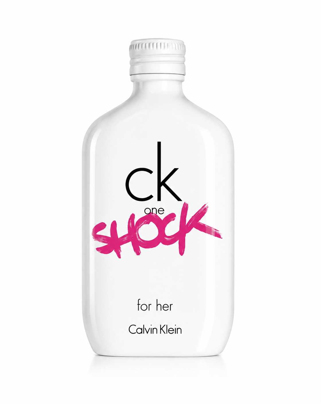 Calvin Klein CK One Shock for Her Eau de Toilette bottle with a matte white flask design, bold pink graffiti logo and minimalist styling.