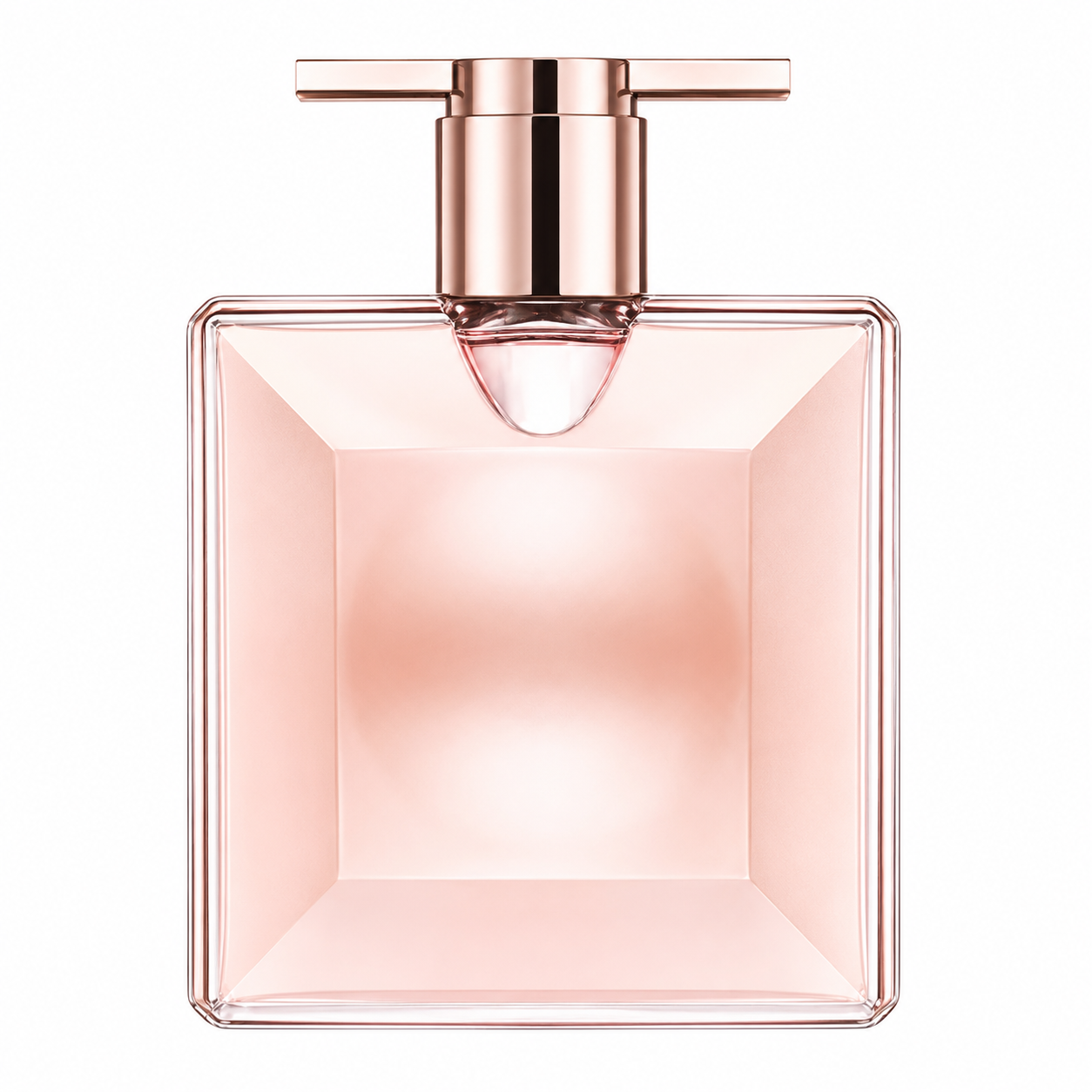 Lancôme Idôle Eau de Parfum bottle isolated on a white background, featuring an ultra-slim rectangular glass design with soft blush pink juice, clean geometric lines, and a polished rose gold cap.