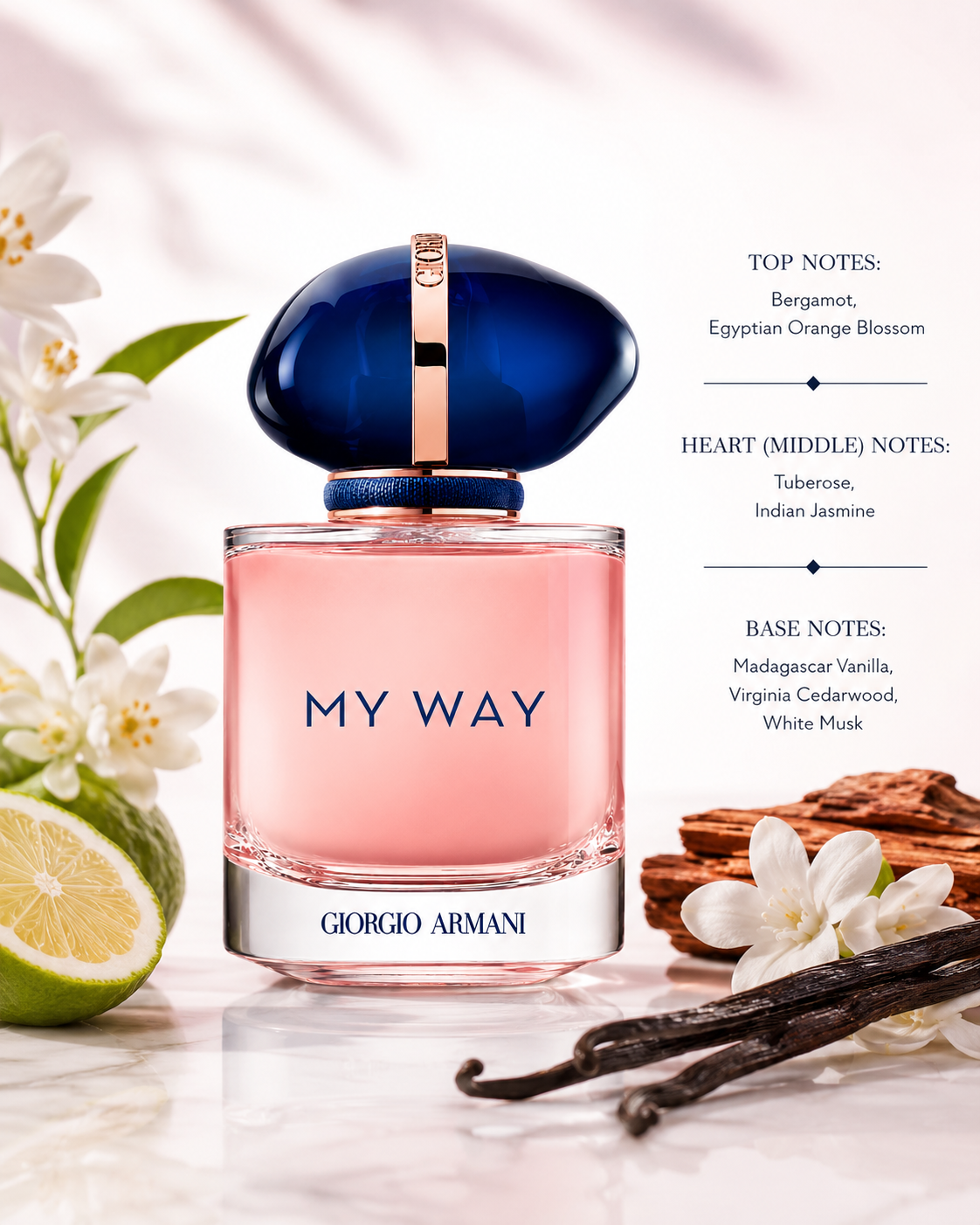 Giorgio Armani My Way Eau de Parfum with fragrance notes of bergamot, Egyptian orange blossom, tuberose, Indian jasmine, Madagascar vanilla, Virginia cedarwood and white musk.