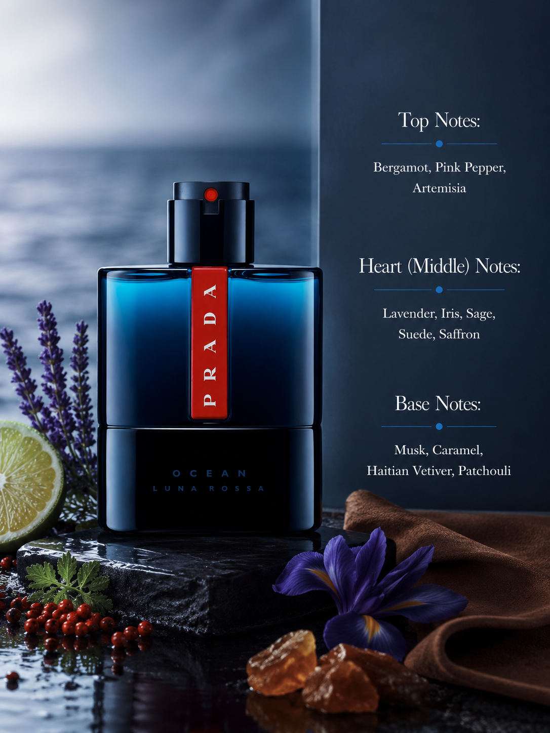 Prada Luna Rossa Ocean Eau de Toilette displayed with fragrance notes, surrounded by bergamot, pink pepper, lavender, iris, sage, saffron, amber resin, patchouli, and vetiver-inspired elements, highlighting its fresh aromatic scent with vibrant citrus, aromatic herbs, soft iris, warm amber, and woody accords.