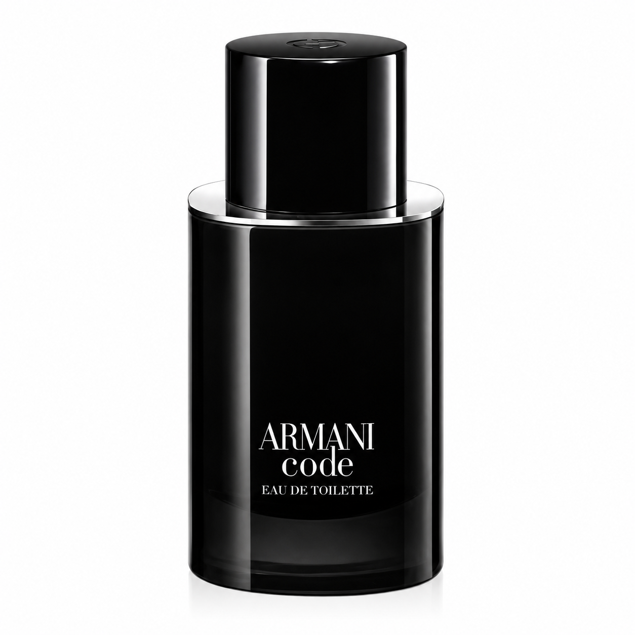 Giorgio Armani Armani Code Eau de Toilette bottle with a sleek glossy black cylindrical design, silver accents and minimalist branding.