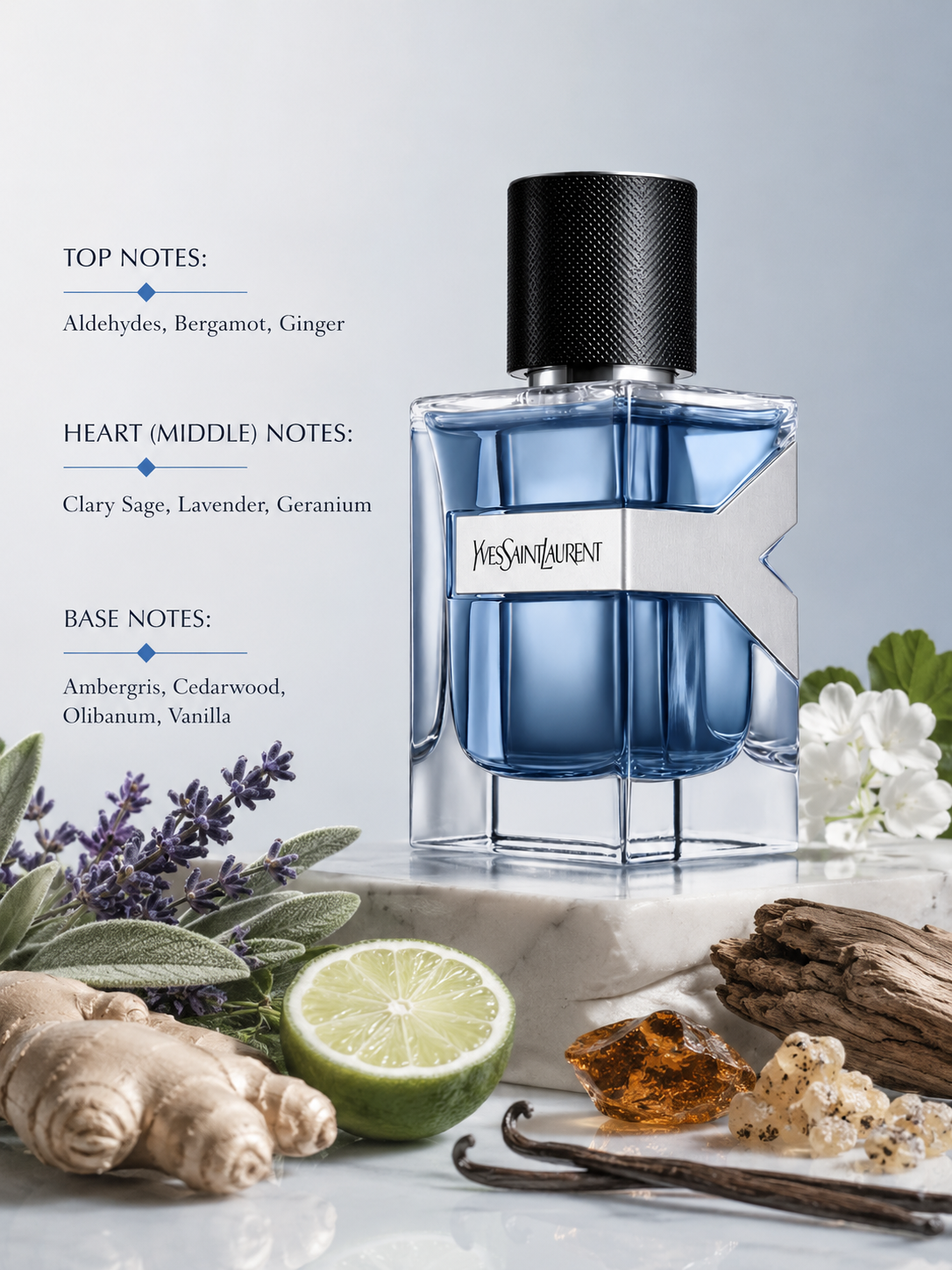 Yves Saint Laurent Y Eau de Parfum fragrance displayed with lime, ginger, lavender, sage, vanilla, amber resin, driftwood, and fragrance notes in a fresh modern setting.