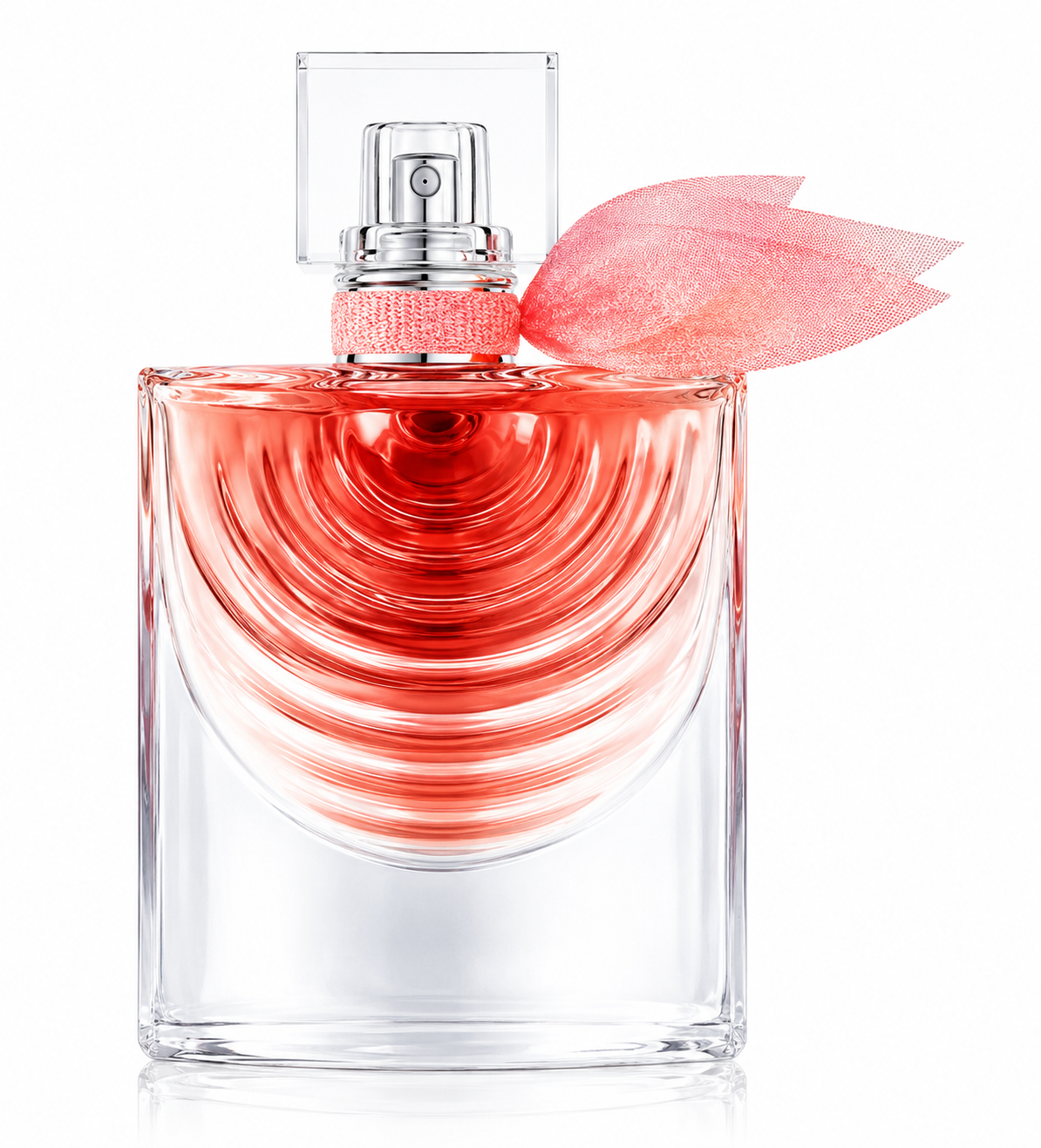 Lancôme La Vie Est Belle Iris Absolu Eau de Parfum bottle isolated on a white background, featuring the iconic smile-inspired crystal glass bottle with vibrant coral-pink fragrance, a transparent square cap, and a soft pink organza ribbon tied around the neck.