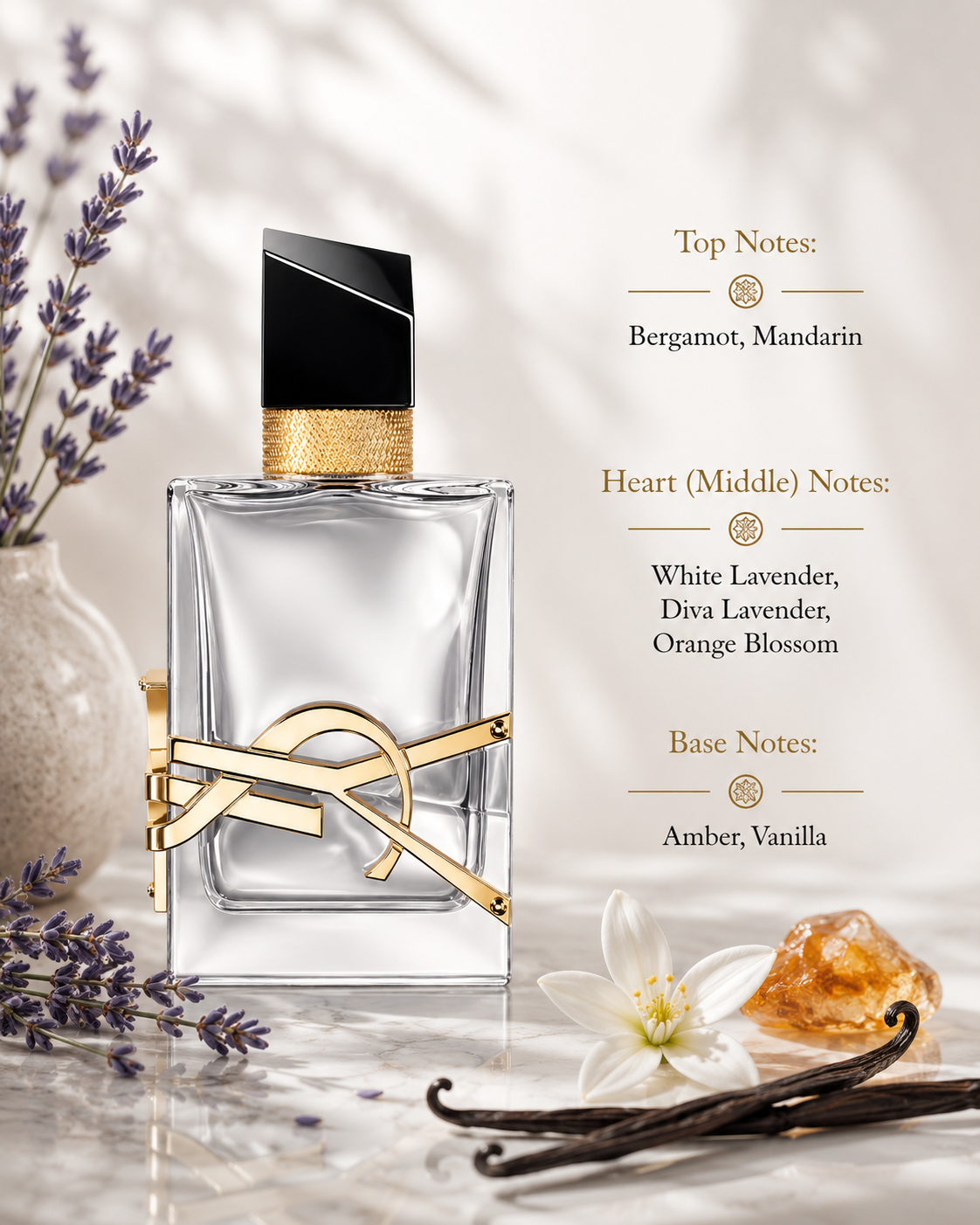 Yves Saint Laurent Libre L'Eau Nue displayed with fragrance notes, surrounded by bergamot, mandarin, white lavender, diva lavender, orange blossom, vanilla pods, amber resin, and lavender sprigs, highlighting its sparkling citrus opening, luminous floral heart, and warm amber-vanilla base.