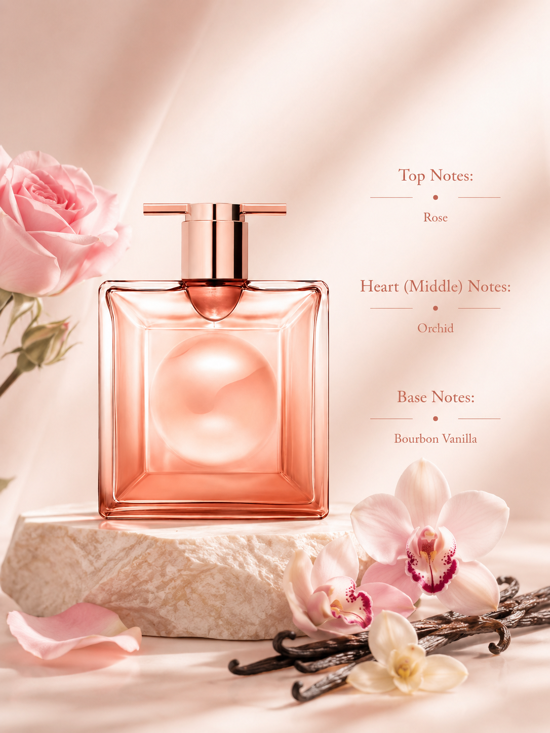 Lancôme La Vie Est Belle Rose Extraordinaire Eau de Parfum displayed with its fragrance notes, surrounded by pink roses, orchid blossoms, and vanilla pods, highlighting its elegant floral fragrance with rich vanilla warmth.