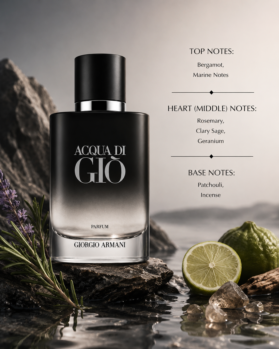 Giorgio Armani Acqua di Giò Parfum with fragrance notes of bergamot, marine notes, rosemary, clary sage, geranium, patchouli and incense.