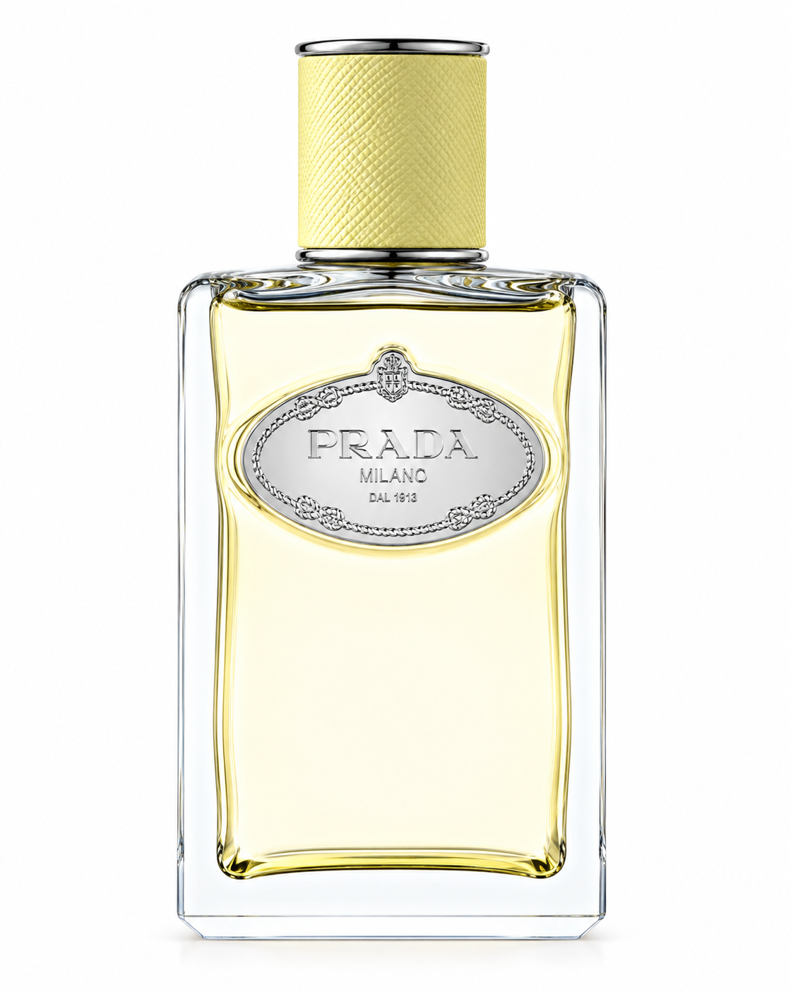 Prada Infusion de Gingembre 100ml Eau de Parfum in its elegant transparent rectangular glass bottle, filled with a delicate pale yellow fragrance, featuring the signature silver Prada Milano plaque and a textured pastel-yellow cap with polished silver detailing, photographed front-facing against a clean pure white background.