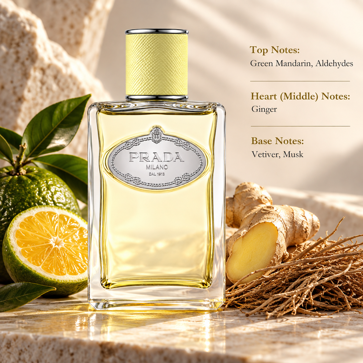 Prada Infusion de Gingembre 100ml Eau de Parfum presented in a fresh, luminous and minimalist composition inspired by its citrus-aromatic character, surrounded by green mandarin, fresh ginger and vetiver roots, with warm natural sunlight, neutral stone textures and soft creamy tones that complement the pale yellow bottle and refined Prada aesthetic.