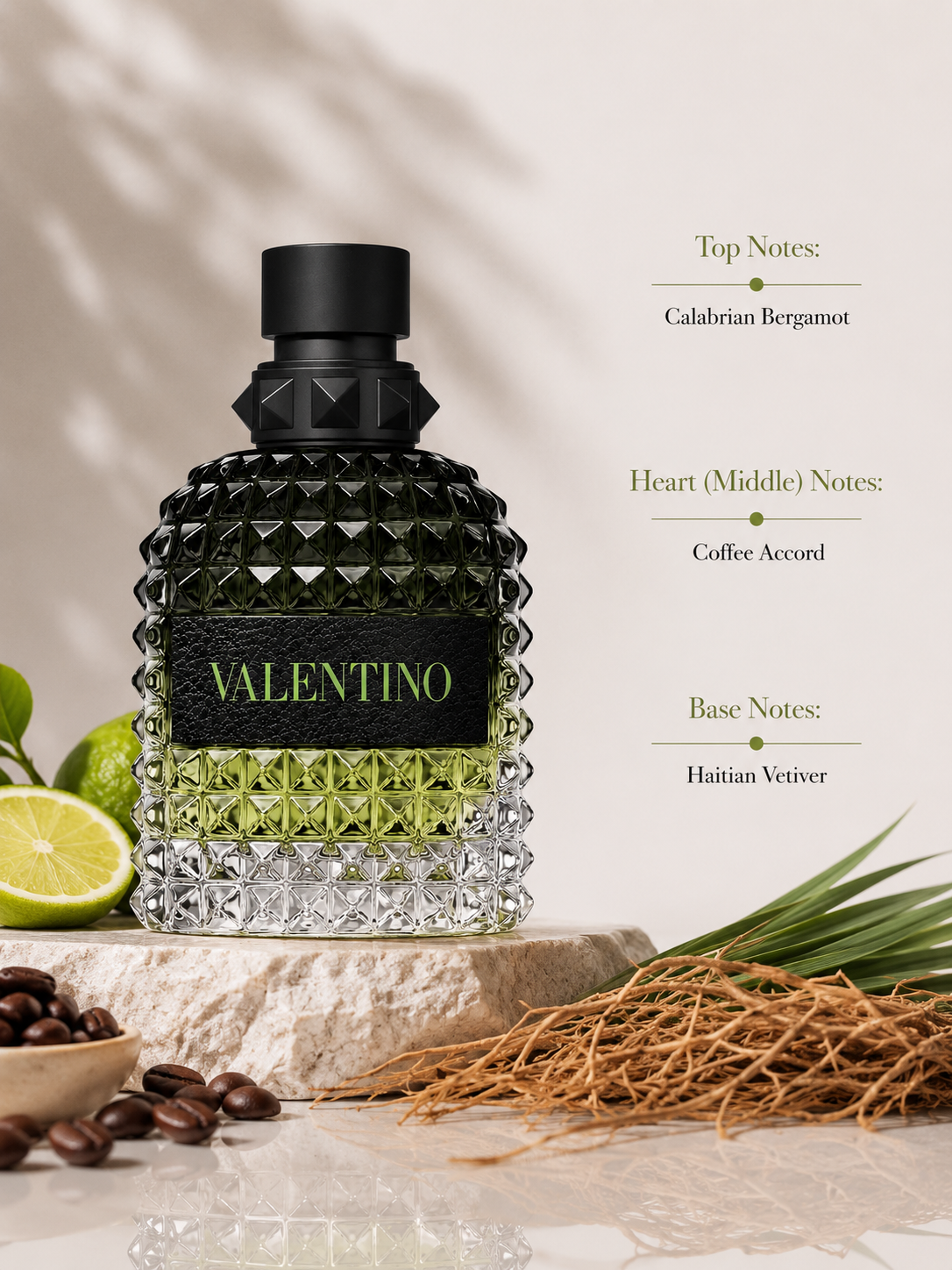 Valentino Uomo Born in Roma Green Stravaganza Eau de Toilette displayed with fragrance notes, surrounded by bergamot, coffee beans, and vetiver roots, highlighting its fresh woody fragrance with vibrant Calabrian bergamot, rich coffee accord, and earthy Haitian vetiver.