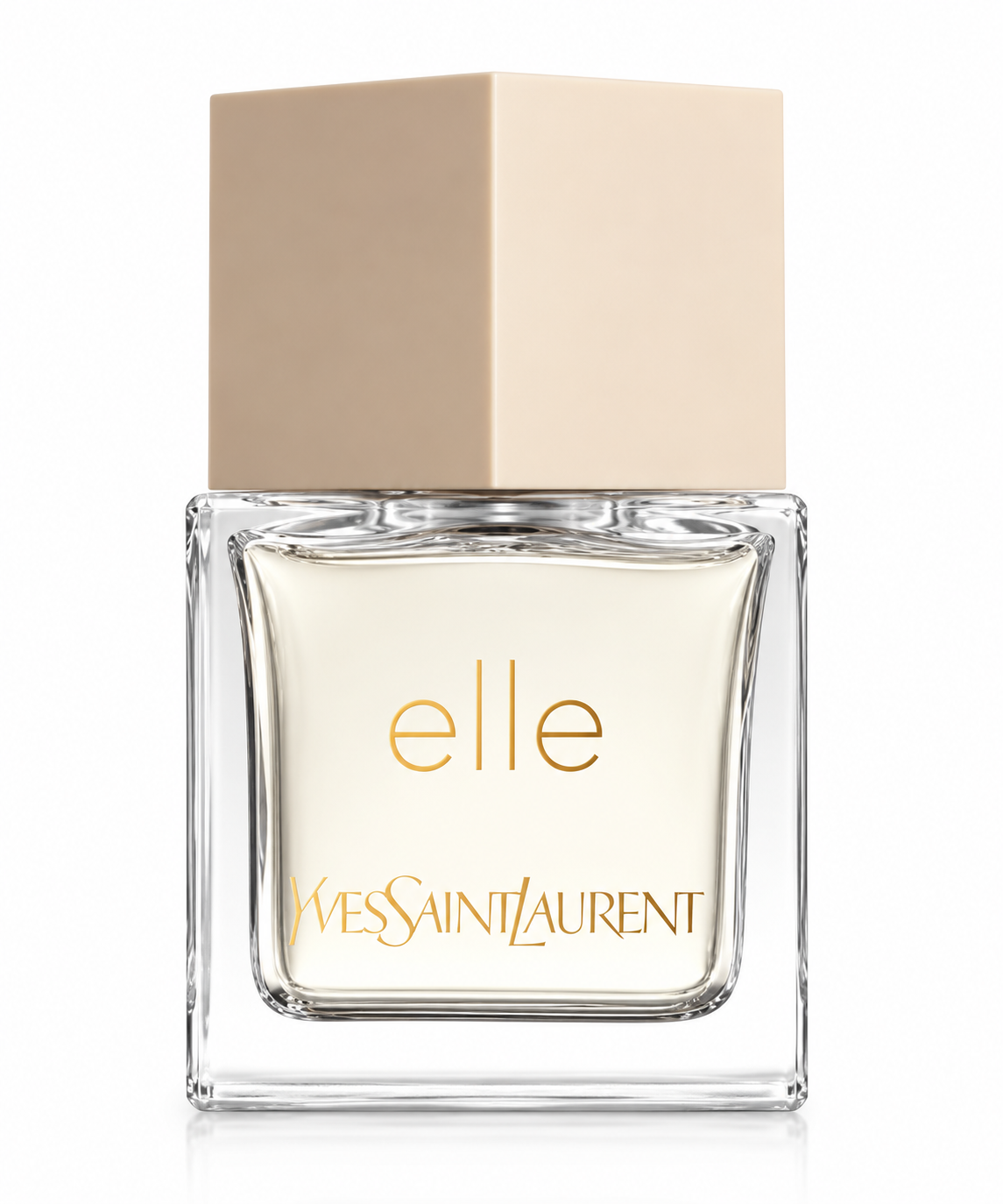 Yves Saint Laurent Elle 80ml EDP for Women presented in its refined square transparent glass bottle with pale golden fragrance, minimalist gold “elle” and Yves Saint Laurent branding, and a soft nude-beige geometric cap, photographed against a clean pure white background.