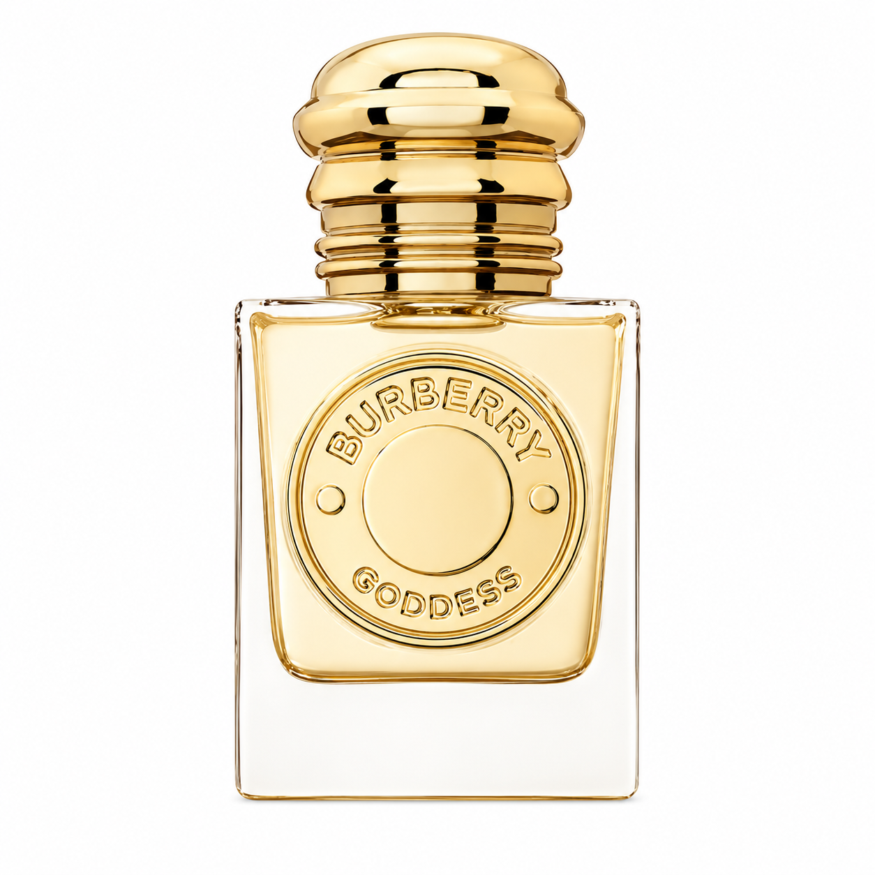 Burberry Goddess Eau de Parfum bottle with a square clear glass design, golden fragrance and a sculpted gold cap.