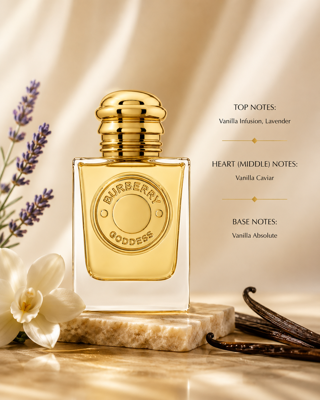 Burberry Goddess Eau de Toilette perfume bottle with a gold cap and gold-embossed label, displayed on a marble slab with vanilla beans, lavender, and a white orchid against a warm draped background. Text on the right lists the fragrance notes.