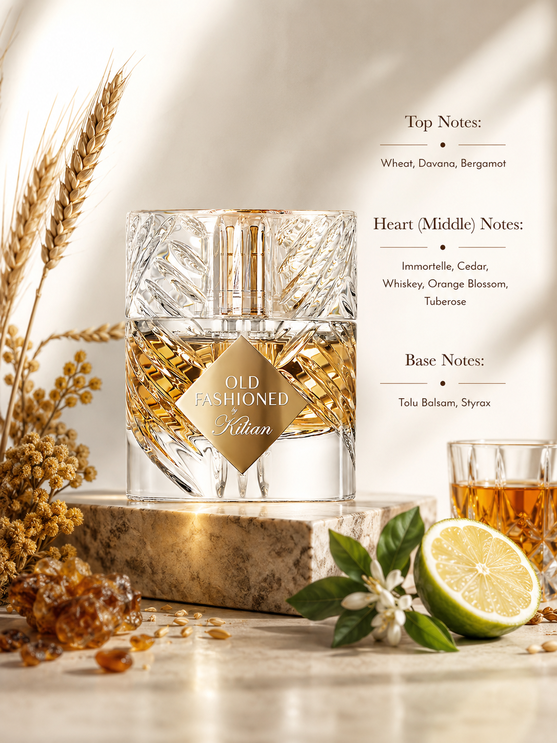 By Kilian Old Fashioned Eau de Parfum displayed with its fragrance notes, surrounded by wheat, bergamot, whiskey, dried flowers, citrus, resins, and warm amber accents, highlighting its rich boozy woody fragrance with gourmand, floral, and balsamic accords.