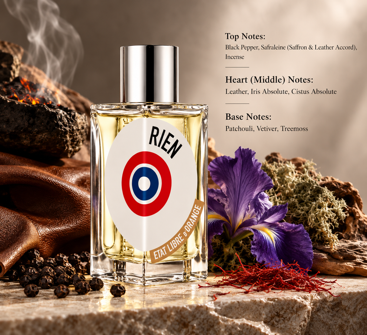 Etat Libre d’Orange Rien Eau de Parfum bottle displayed with black pepper, saffron, incense, leather, iris and earthy moss elements, highlighting its intense smoky, leathery, spicy and woody fragrance profile.