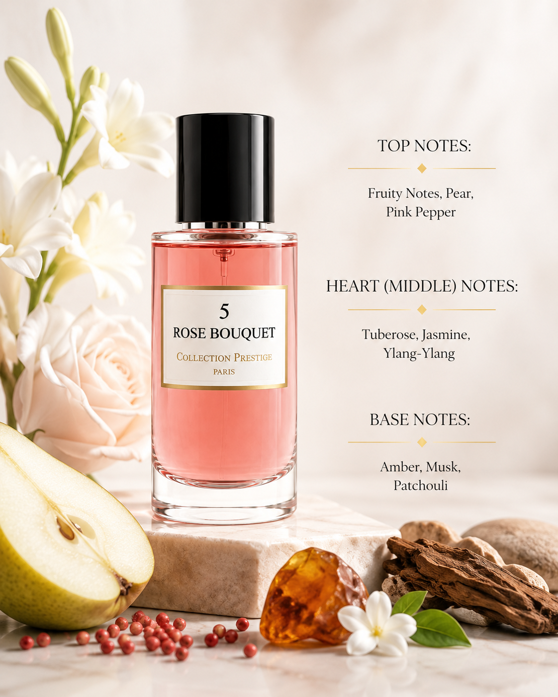 Collection Prestige Rose Bouquet No. 5 Eau de Parfum displayed on a marble pedestal surrounded by white tuberose, soft pink roses, pear, amber resin, patchouli wood, and delicate floral accents, reflecting its graceful floral elegance. This refined fragrance combines fresh fruity notes, pear, and pink pepper with a luxurious heart of tuberose, jasmine, and ylang-ylang, before finishing with a smooth base of amber, musk, and patchouli for a warm, sophisticated, and lasting impression.