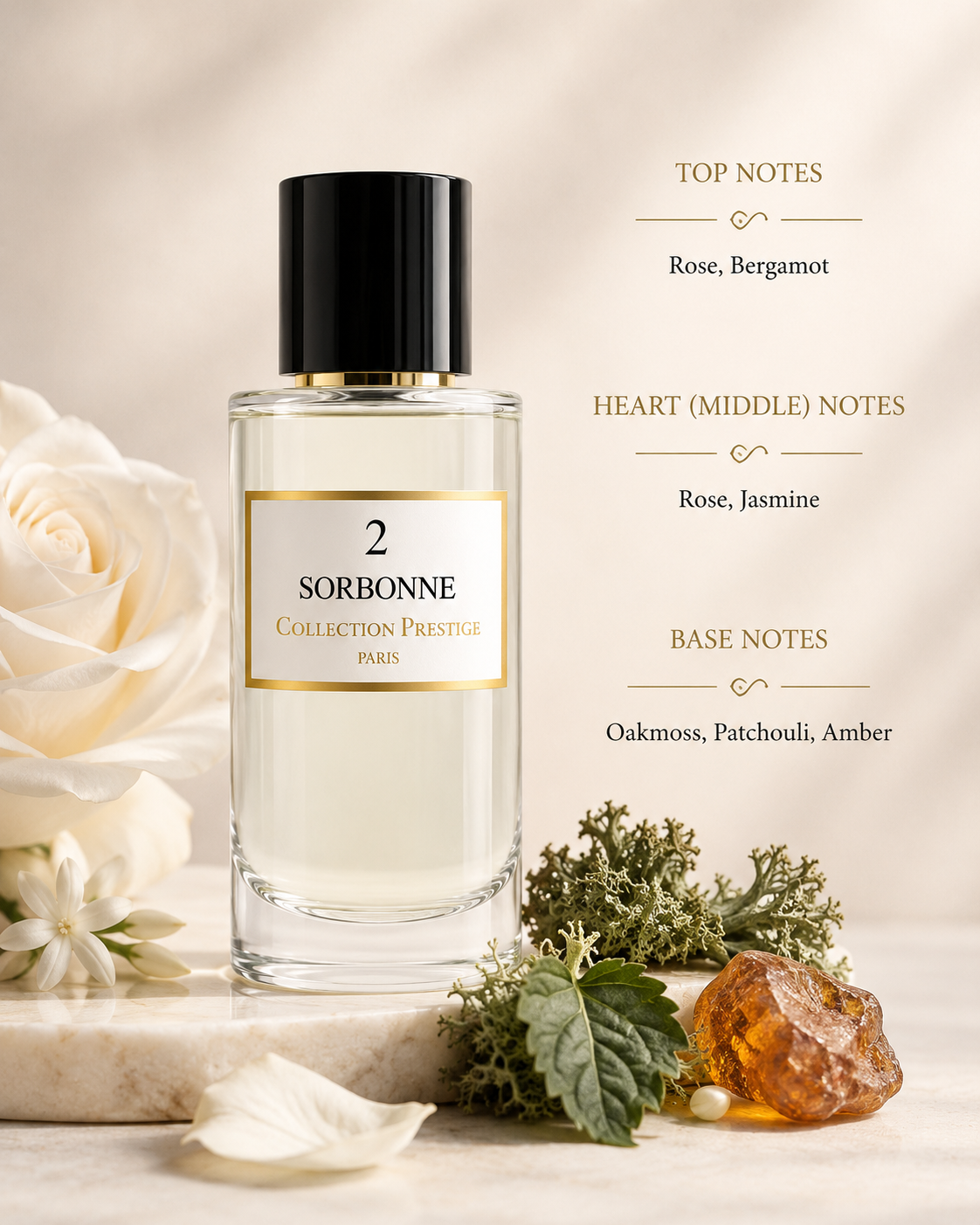 Collection Prestige Sorbonne No. 2 Eau de Parfum displayed on a marble pedestal surrounded by white roses, jasmine blossoms, oakmoss, green leaves, and warm amber resin, reflecting its refined floral and woody character. This elegant fragrance combines fresh rose and bergamot with a graceful heart of rose and jasmine, before settling into a rich base of oakmoss, patchouli, and amber for a sophisticated, classic, and enduring finish.
