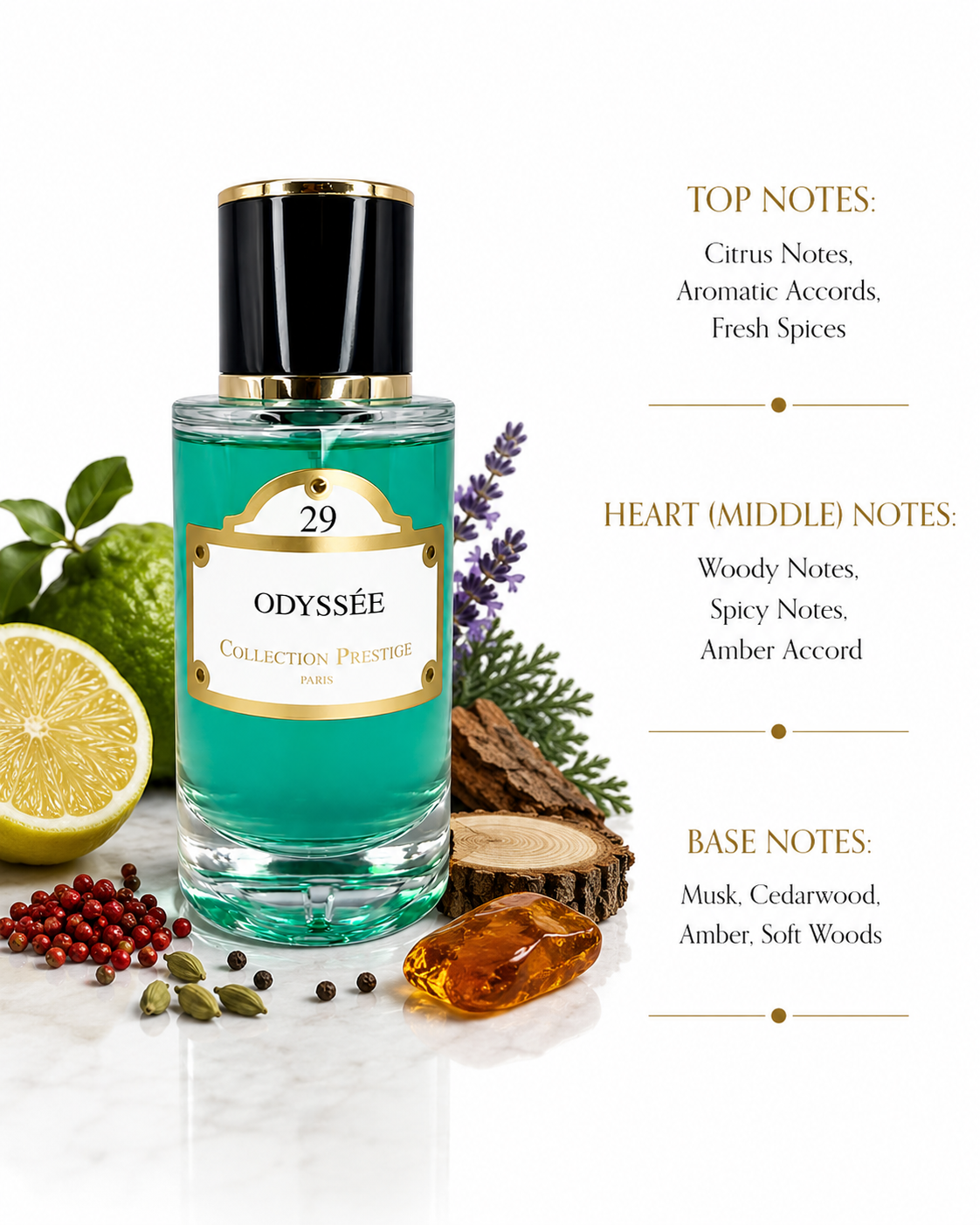 Collection Prestige Odyssee No. 29 fragrance with citrus, woody, amber and musk scent notes illustration
