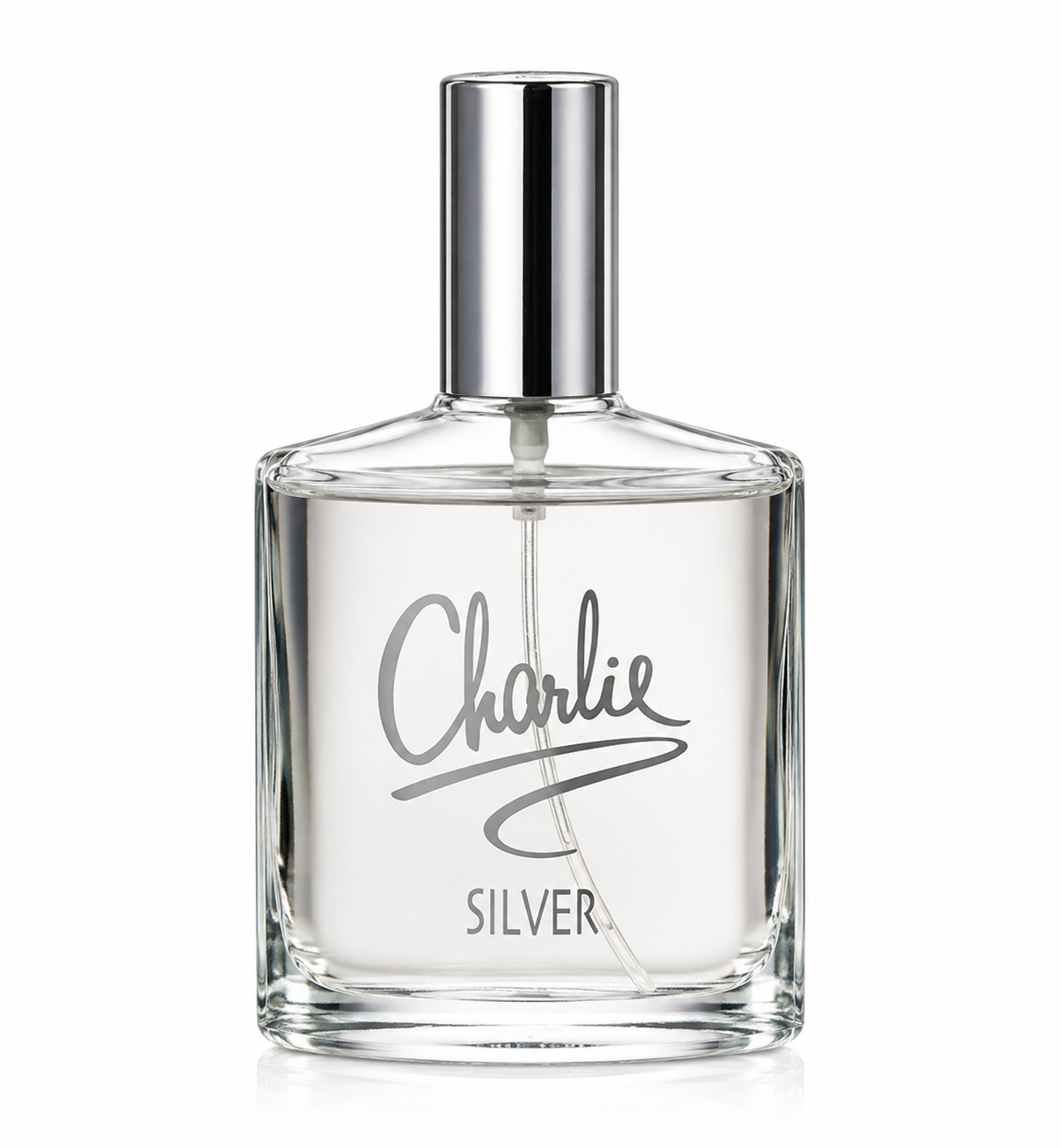 A clear glass perfume bottle with a shiny silver cap, featuring the brand name 'Charlie' and 'SILVER' printed on the front, set against a plain white background.