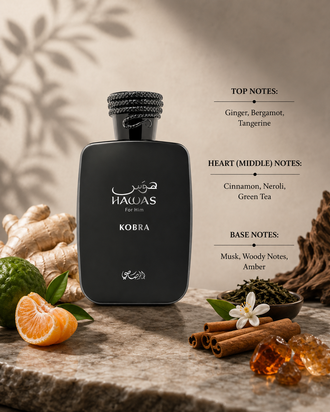 Hawas for Him Kobra by Rasasi surrounded by ginger, bergamot, tangerine, cinnamon, green tea and amber, showcasing its fresh spicy fragrance notes.